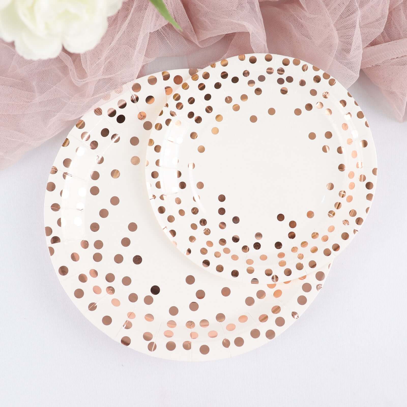 25 Pack 7" White Rose Gold Polka Dot Dessert Appetizer Paper Plates, Disposable Salad Party Plates - 300 GSM