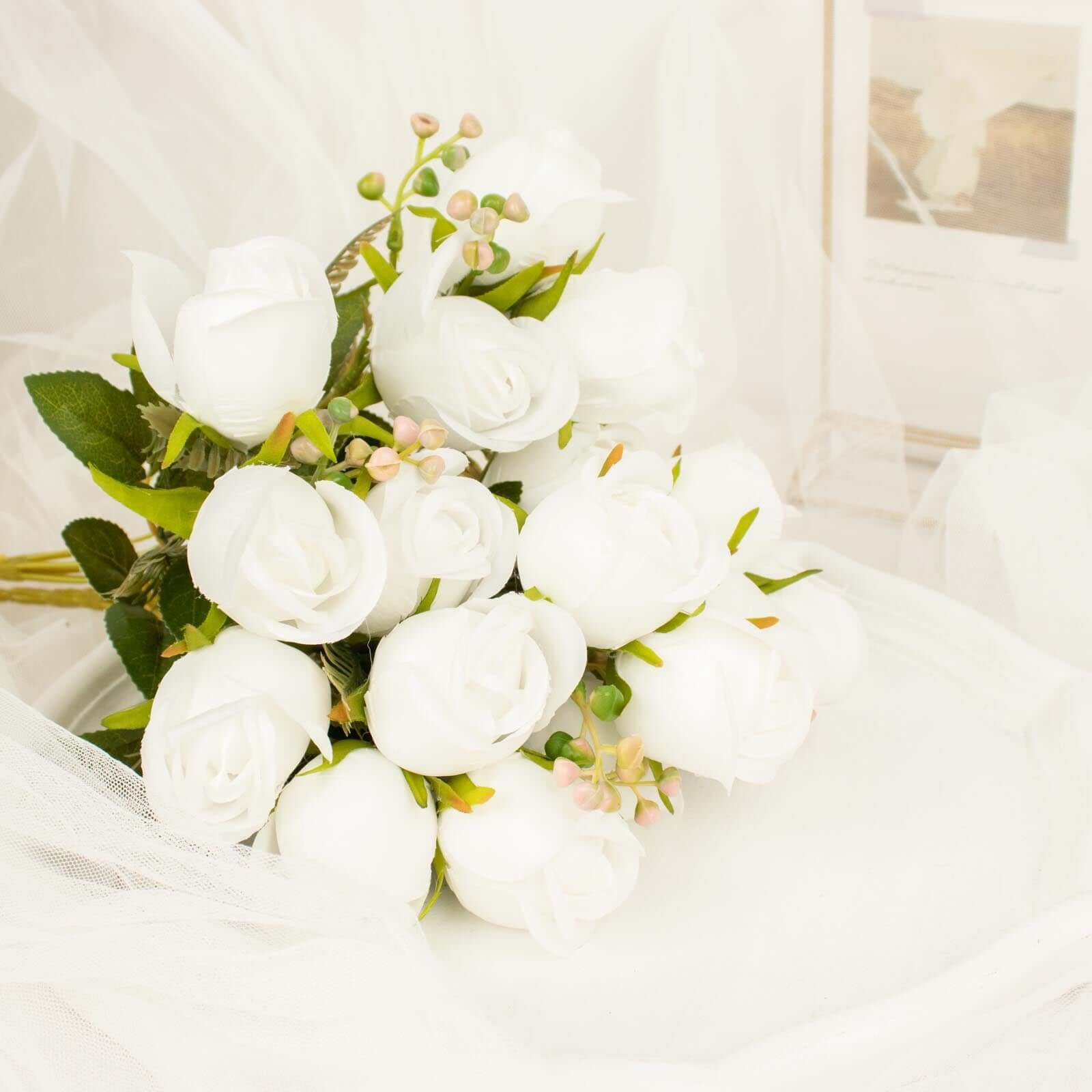 3 Pack 13" White Real Touch Silk Rose Bud Flower Bridal Bouquets, Artificial Floral Bush Arrangements