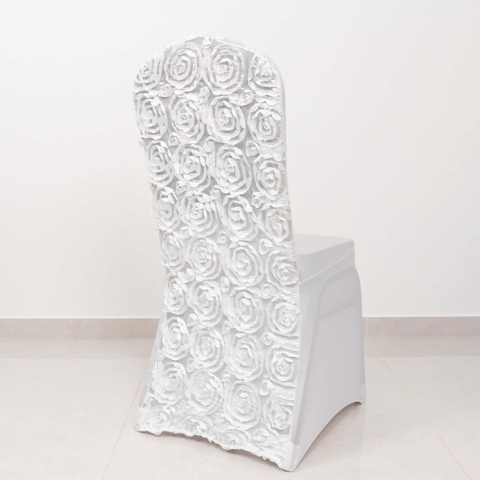 Satin Rosette Chair Cover for Banquet Chairs White - Stylish Stretch Fitted Slip-On Design for Sophisticated Gatherings