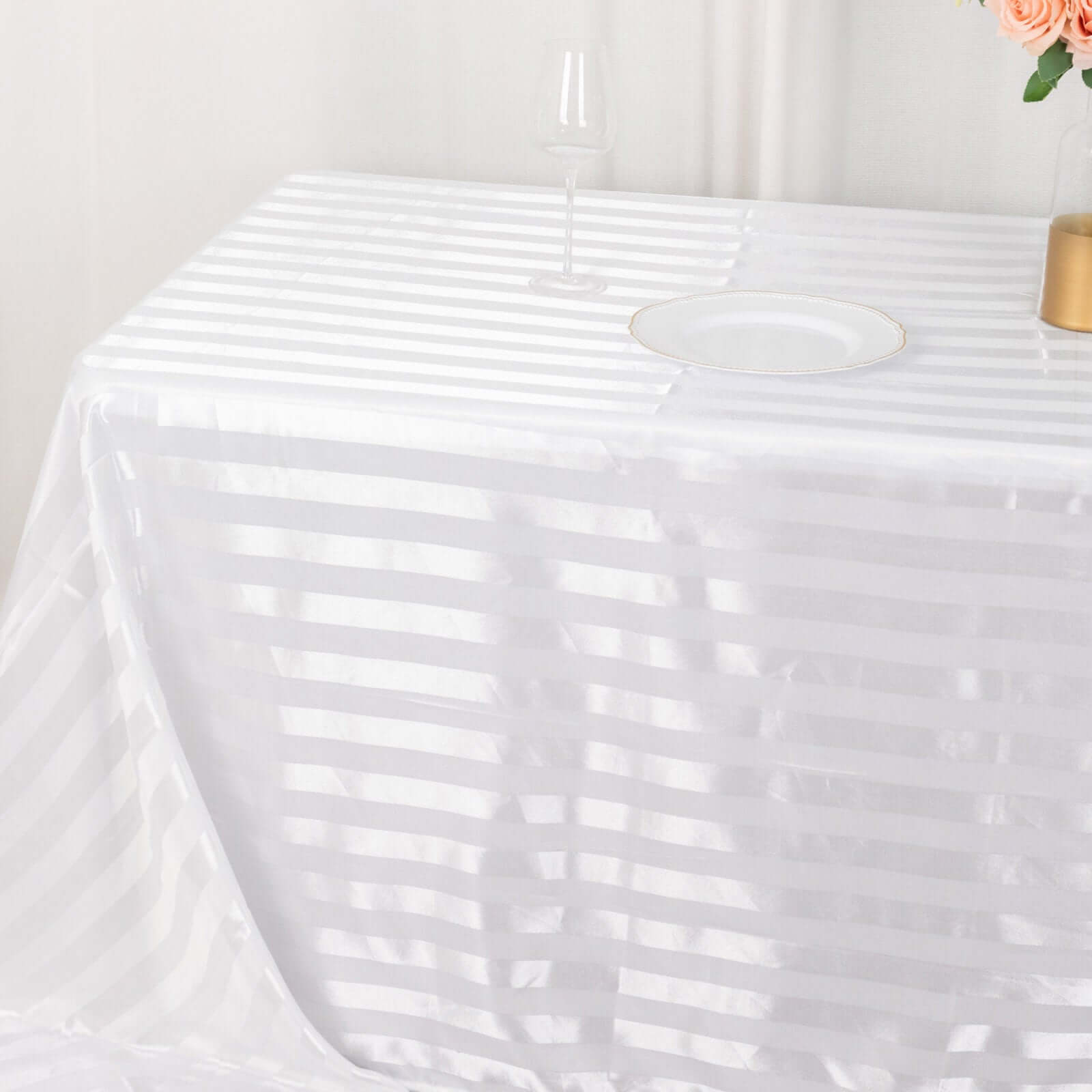 Satin Striped 90"x132" Rectangular Tablecloth White Satin Stripe - Seamless Silky Smooth Wedding Decor