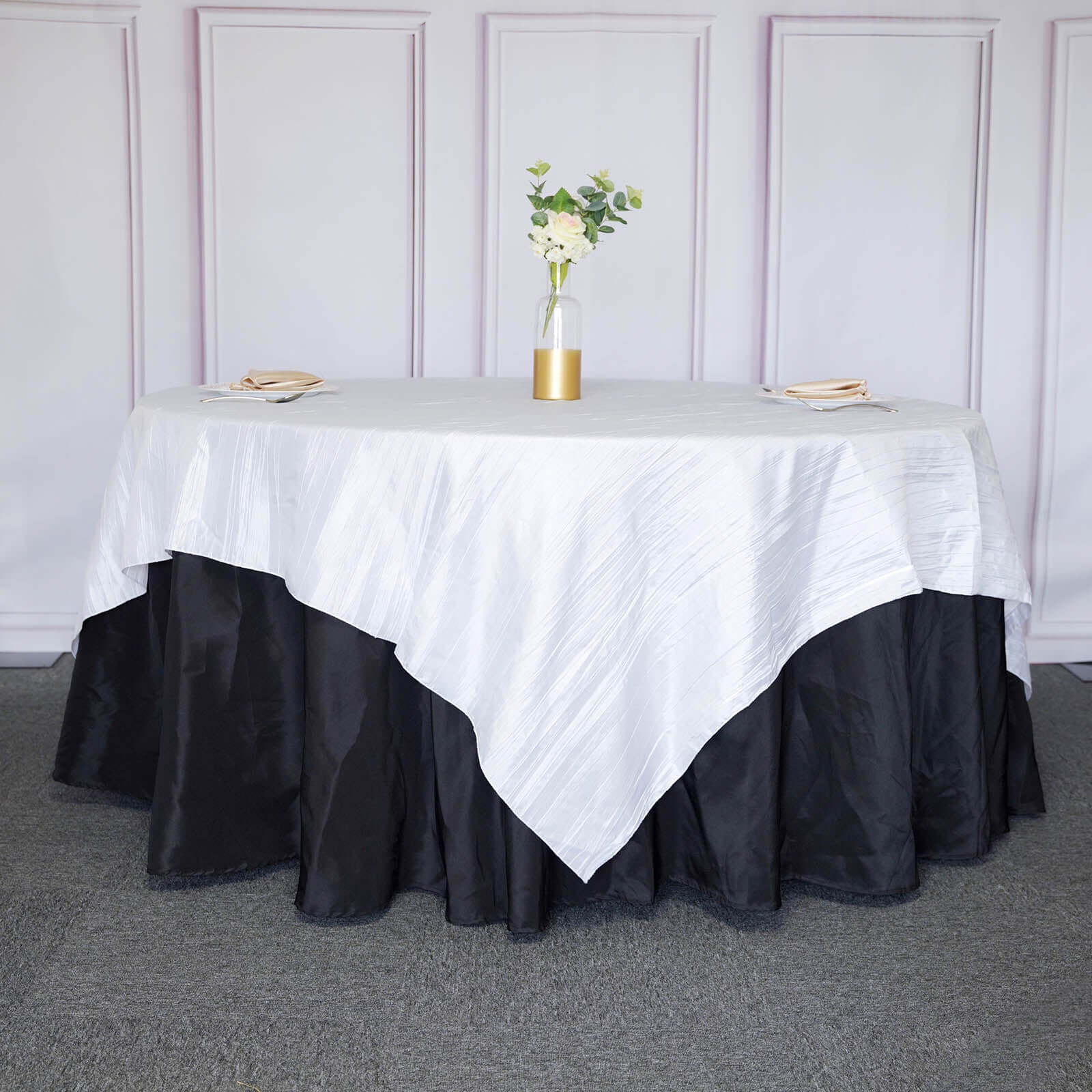 Taffeta 90"x90" Table Overlay Square Tablecloth White - Accordion Crinkle Design for Modern Celebrations