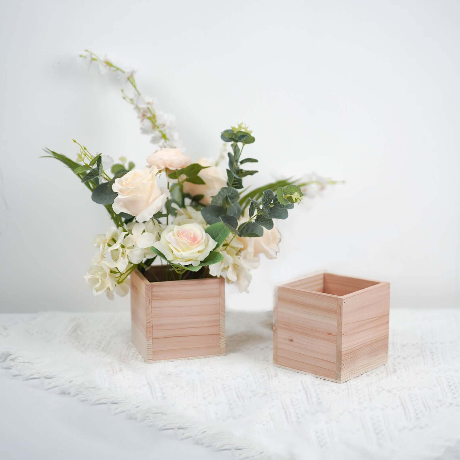 2 Pack 5" Square Tan Wood Planter Box Set, Plant Holder With Removable Plastic Liners