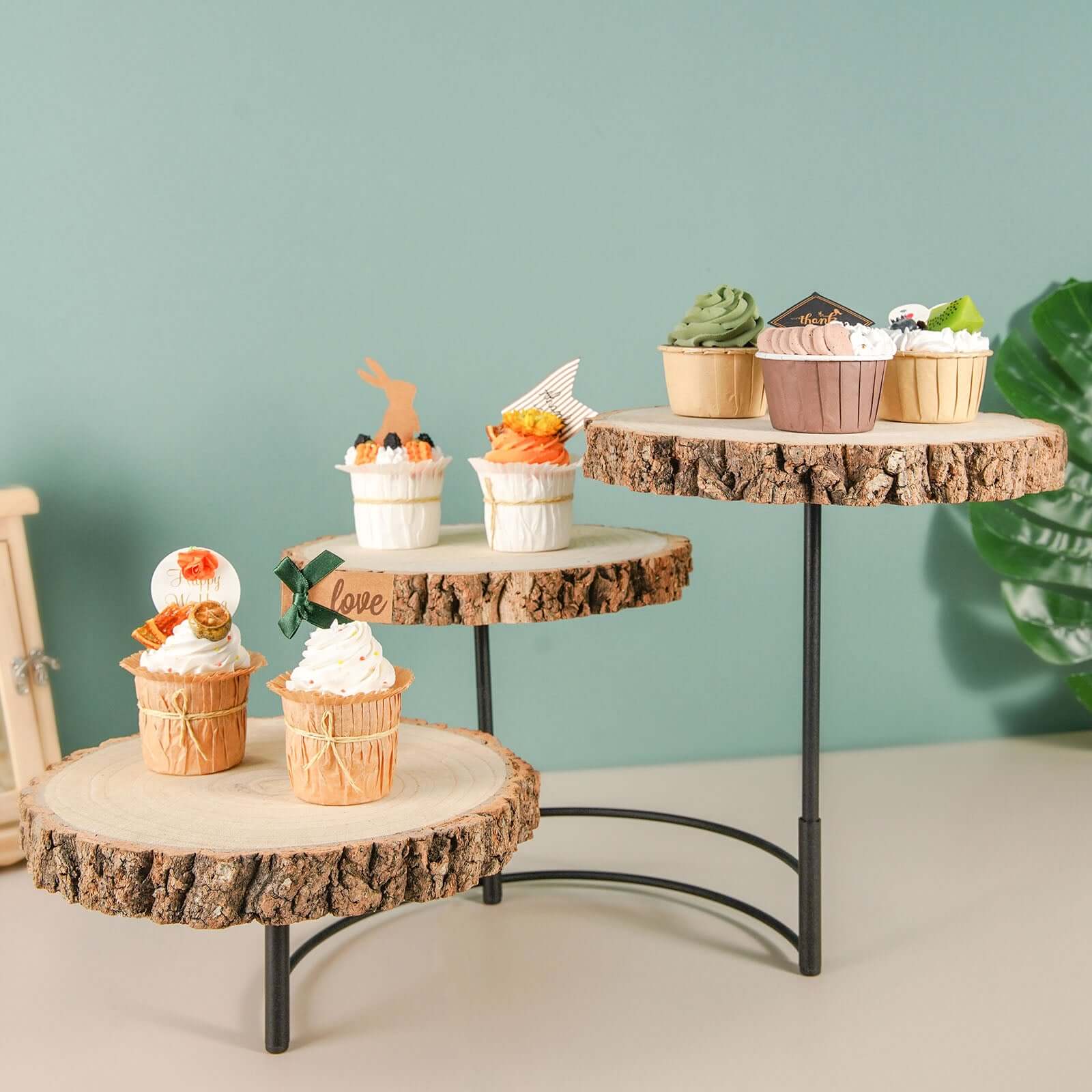 3-Tier Wooden Cheese Board Stand Half Moon Wood Slice Design - Rustic Cupcake Centerpiece 12" Tall