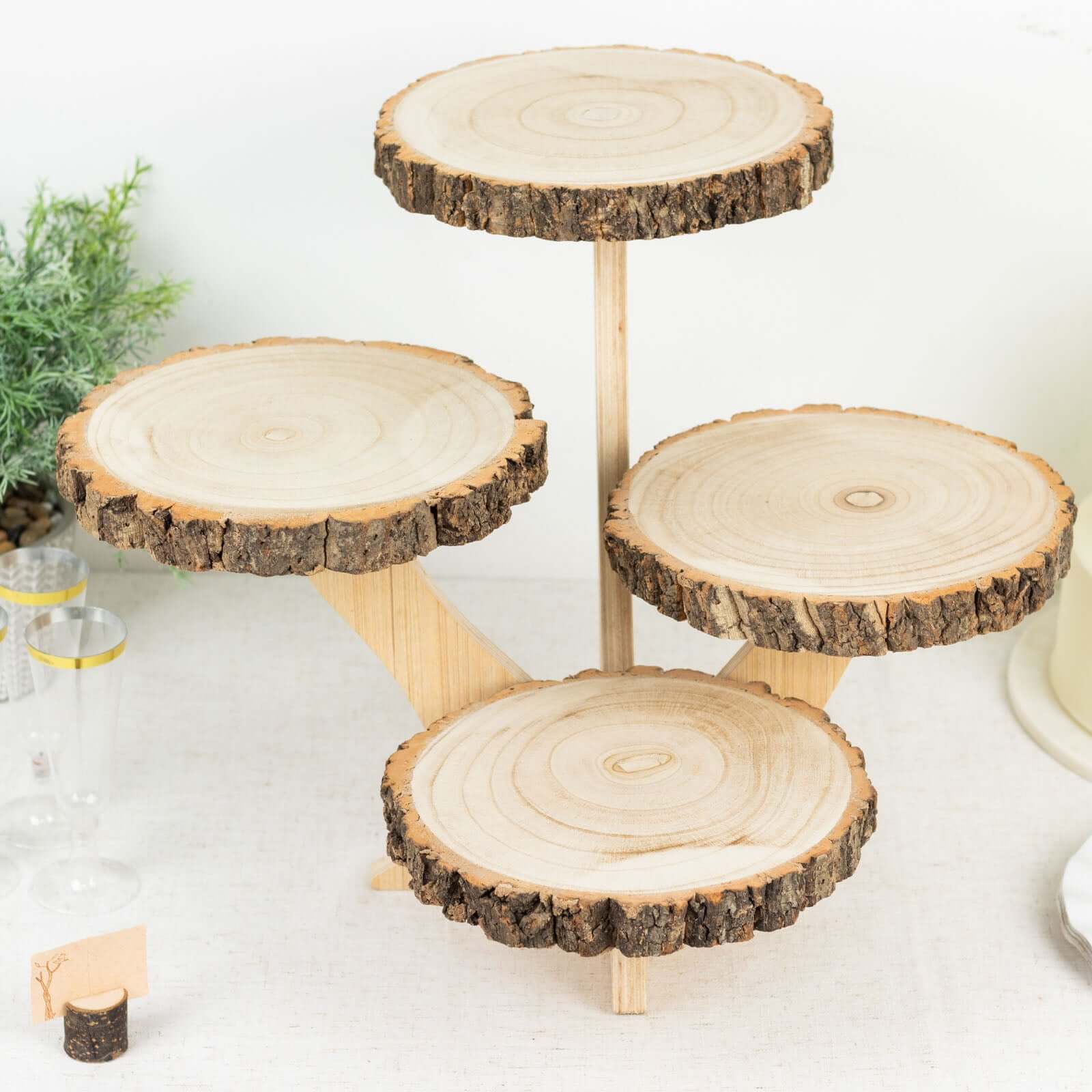 4-Tier Wooden Cupcake Stand Farmhouse Style Natural Wood Slice Design - Rustic Dessert Display Cake Holder 15" Tall