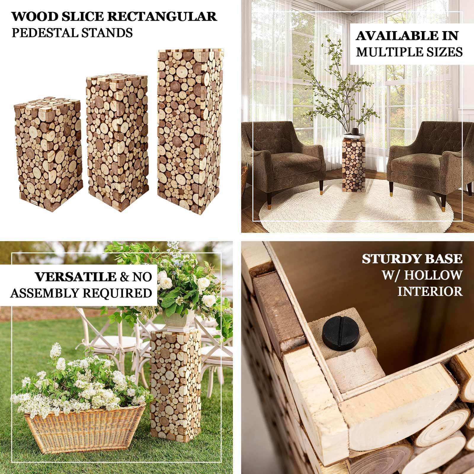 30" Natural Wooden Slices Pillar Prop Pedestal Stand, Rustic Farmhouse Wood Riser Rectangular Plant Stand