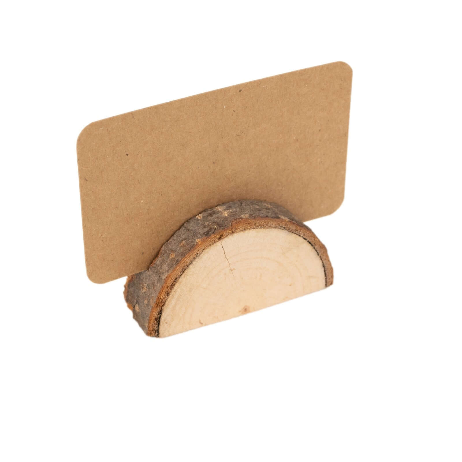 Set of 10 Wood Place Card Holders Rustic Semicircle Design Natural with Brown Paper - Wedding Table Number Display 2.5"
