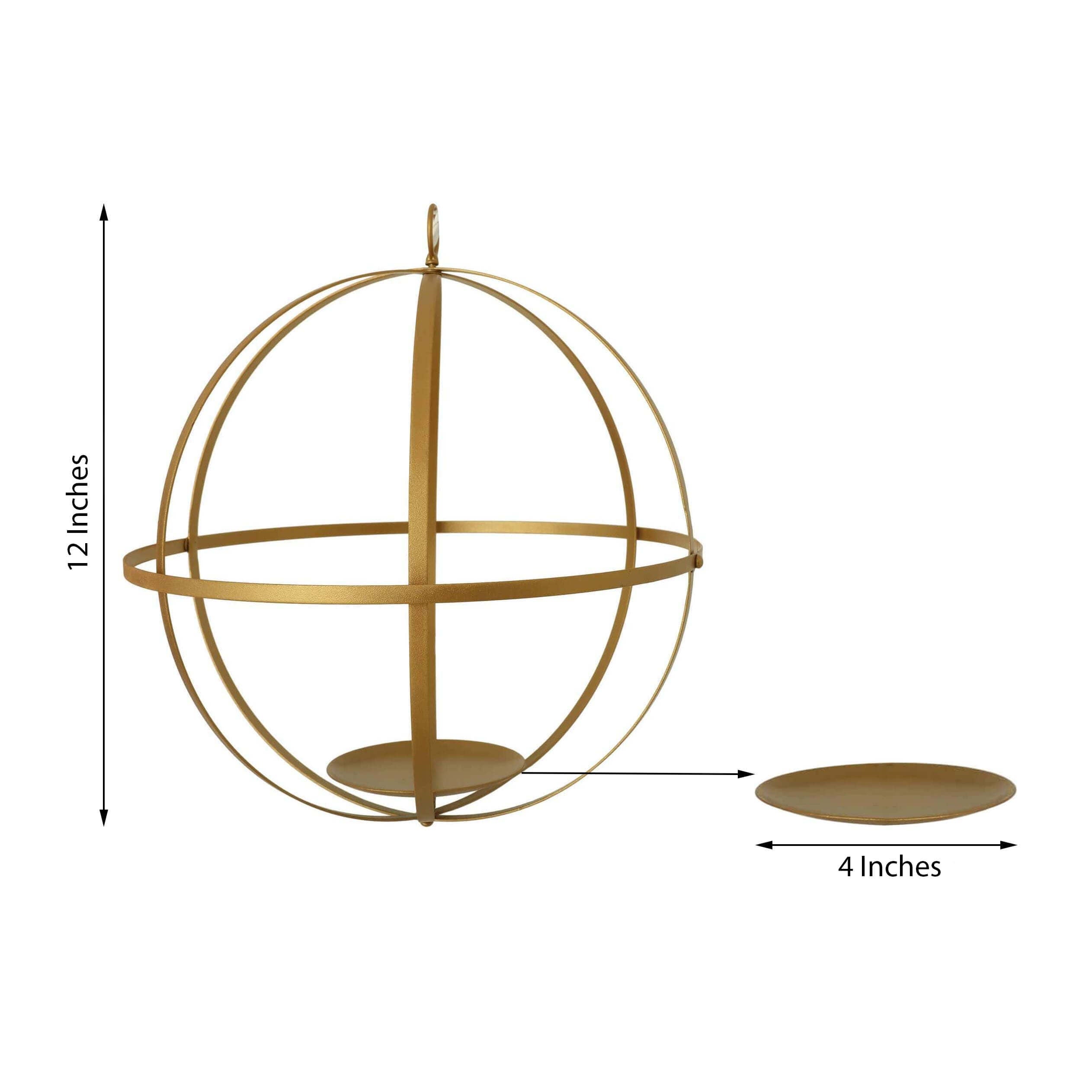 Hanging Sphere Candle Holder Gold Wrought Iron Open Frame Floral Display - Centerpiece Ball 12"