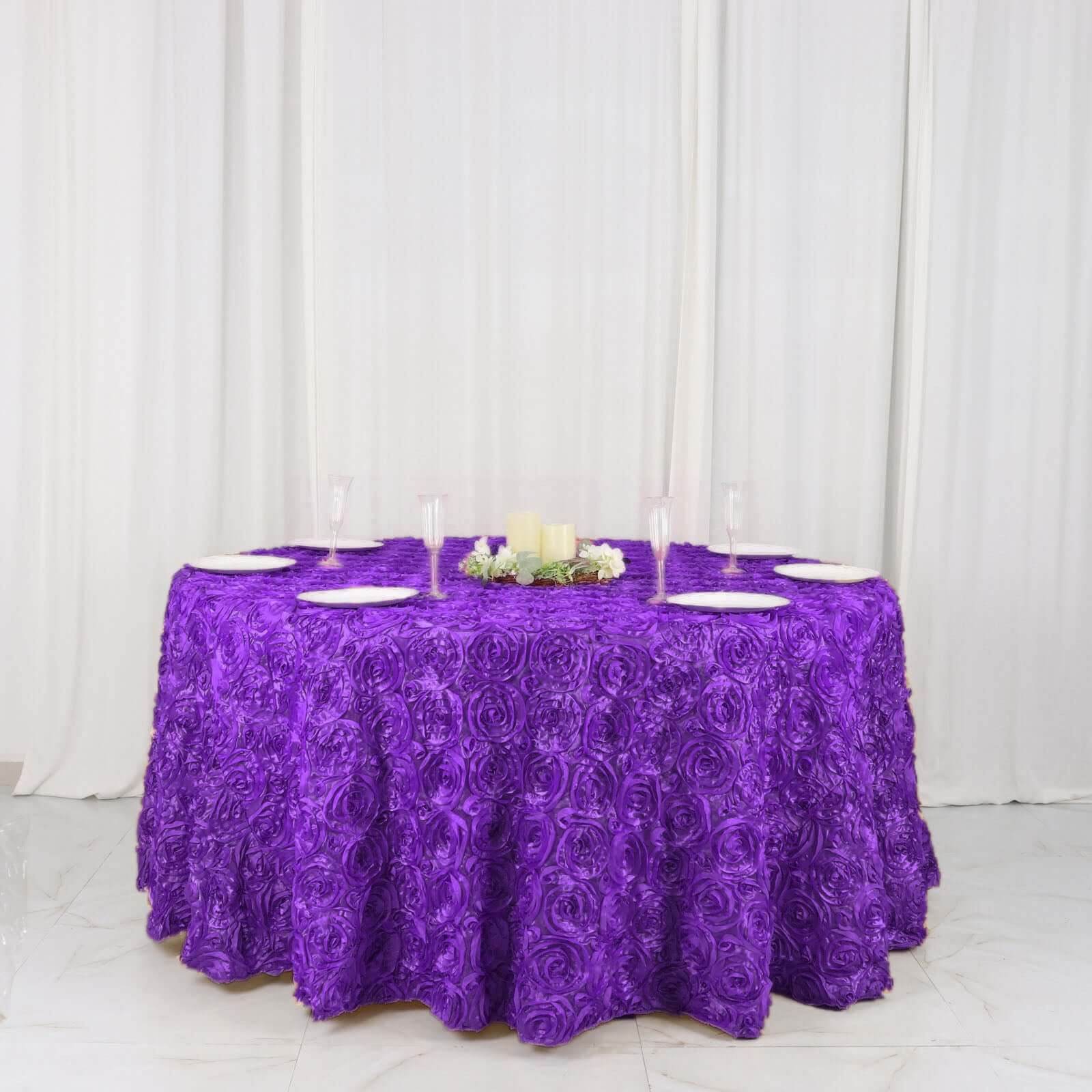 Satin 120" Round Tablecloth Purple - Grandiose 3D Rosette with Seamless Finish Table Cover