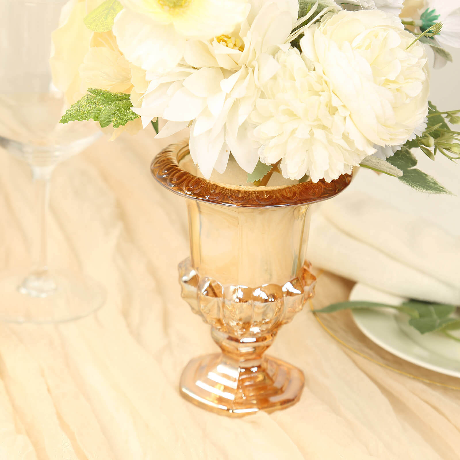 2-Pack Glass Mini Pedestal Flower Vases in Classic Roman Urn Style Amber Gold - Sophisticated Wedding Table Centerpieces 8"
