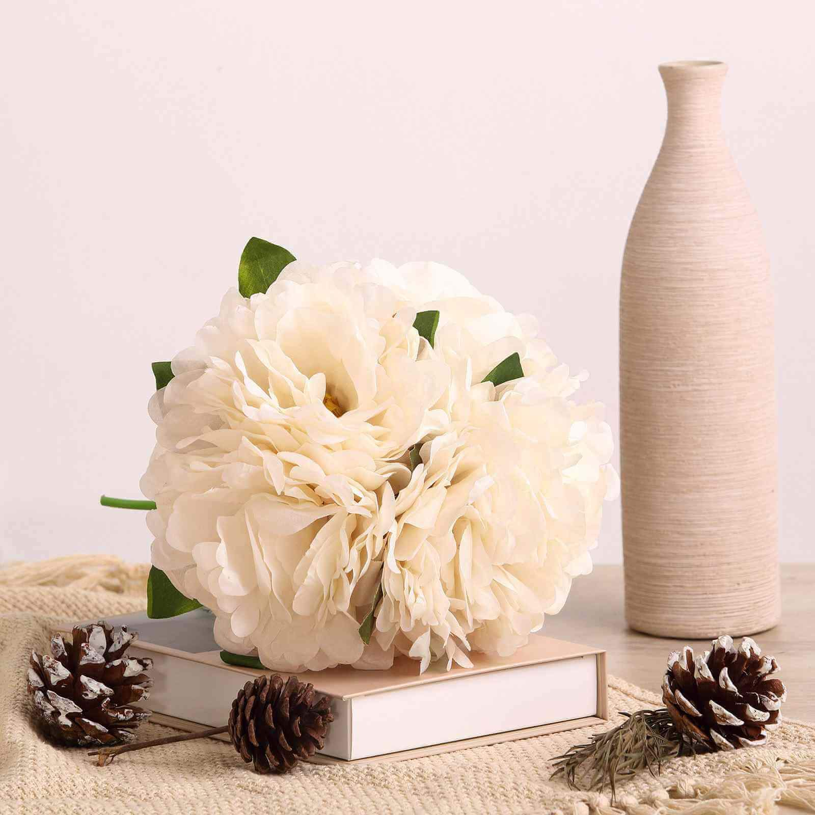 11" Blush Cream Real Touch Artificial Silk Peonies Flower Bouquet