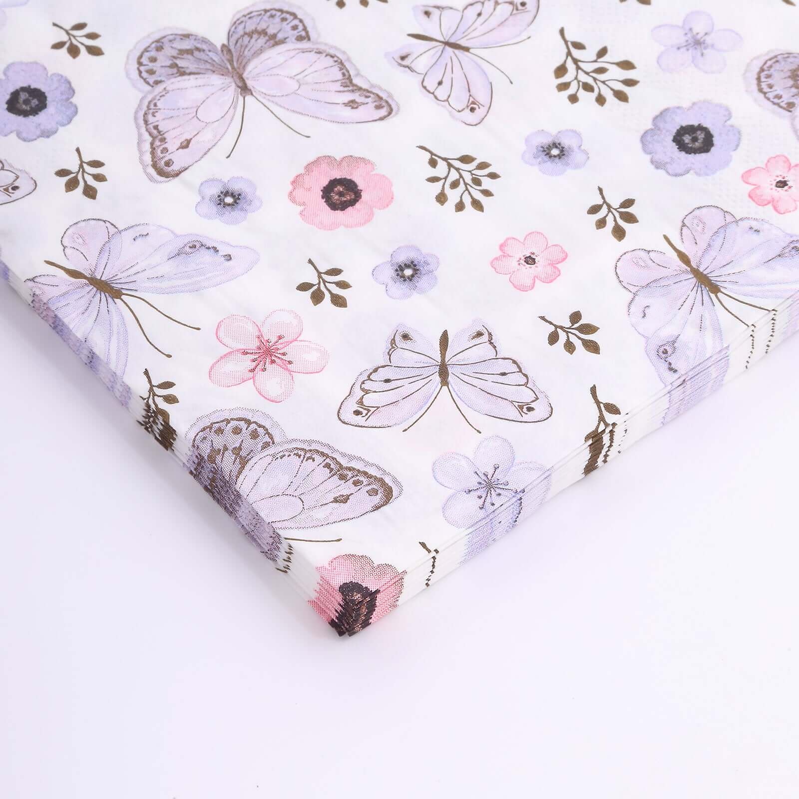 50-Pack Paper Beverage Napkins with Lavender Butterfly Floral Design Ivory - 2 Ply Soft 18GSM Garden Wedding Napkins 6.5"x6.5"