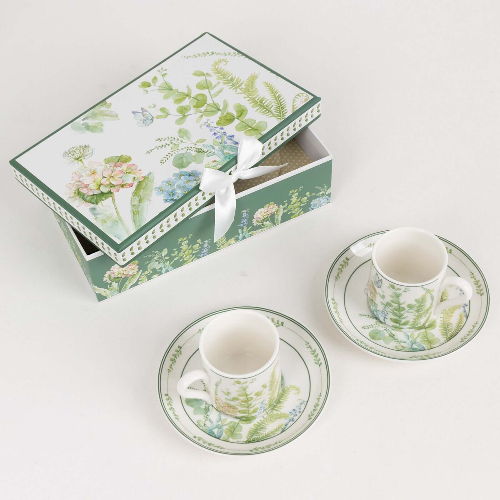 Greenery Theme Bridal Shower Gift Set, Set of 2 Porcelain Espresso Cups and Saucers with Matching Keepsake Box