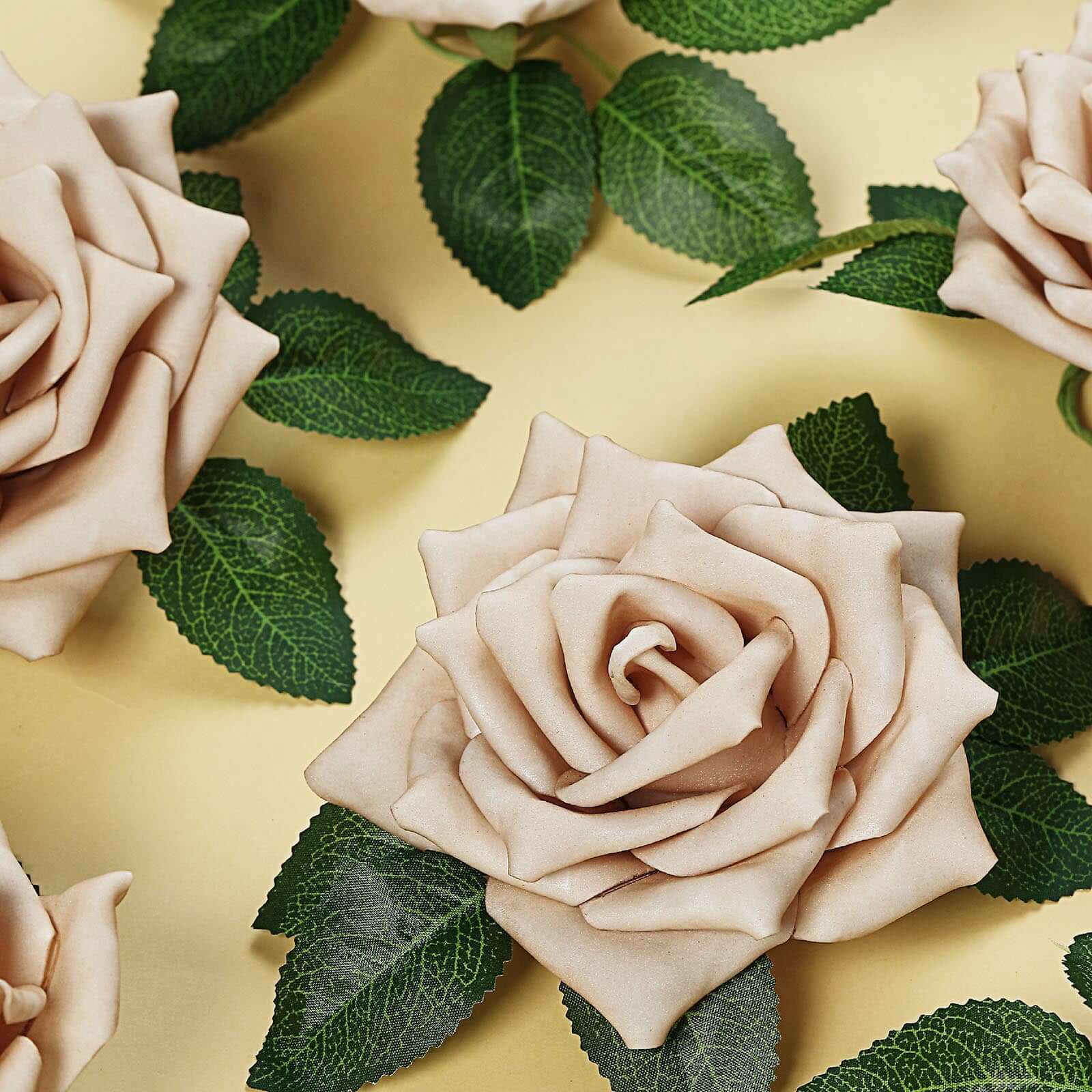 24 Roses 5" Champagne Artificial Foam Flowers With Stem Wire and Leaves