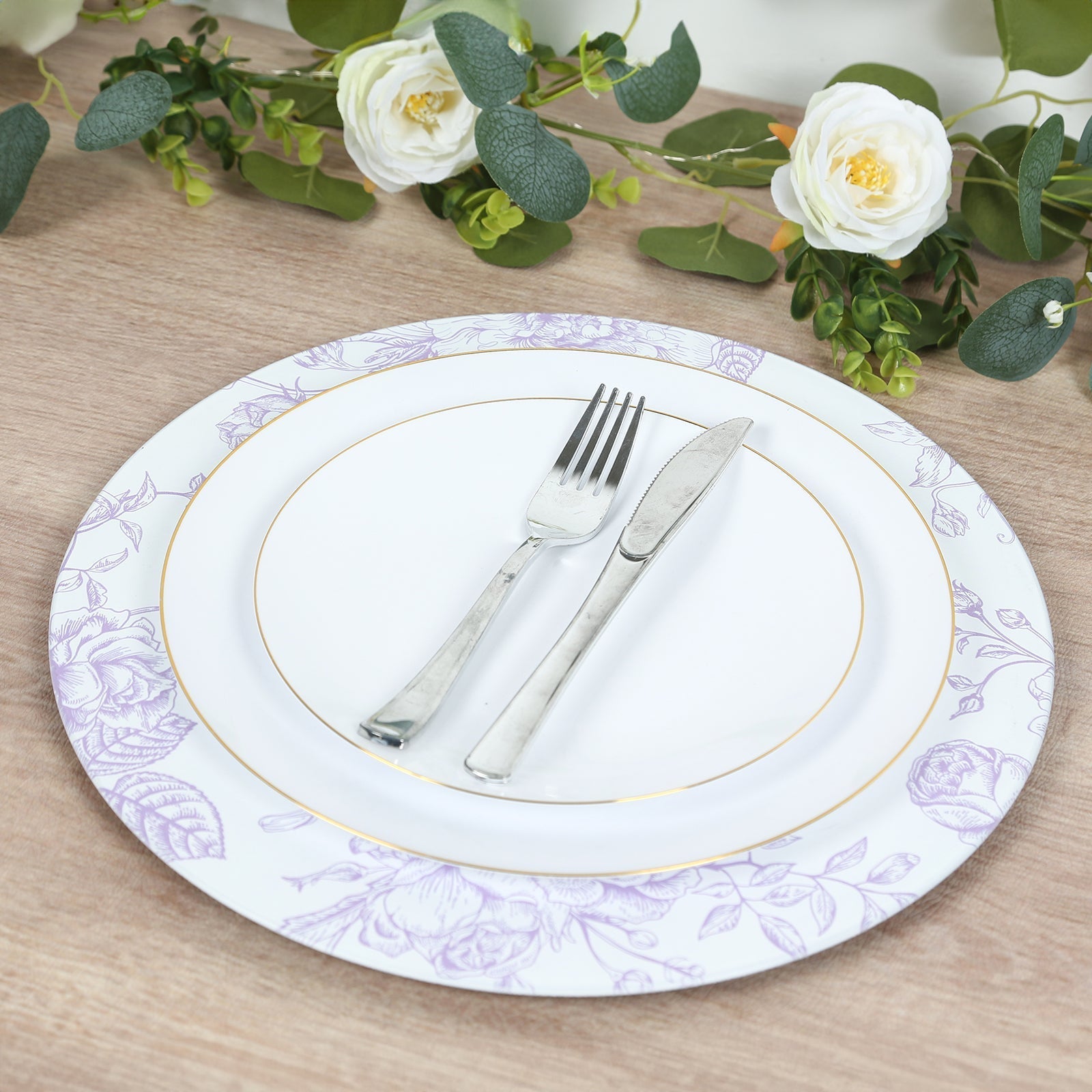 6 Pack Round Floral Acrylic Charger Plates in French Toile Pattern, 13" Matte Lavender and White Dinner Charger Event Tabletop Decor