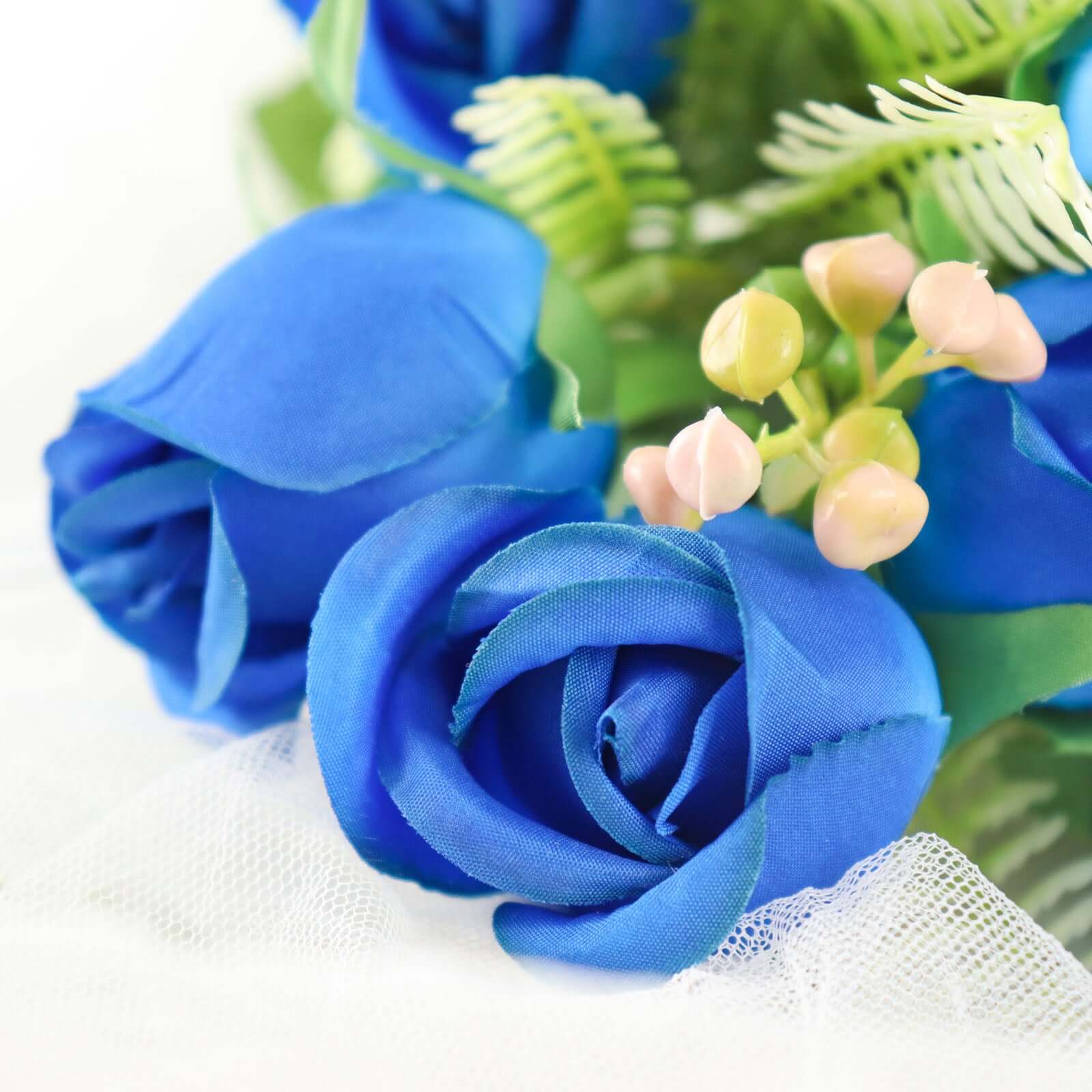 3 Pack 13" Royal Blue Real Touch Silk Rose Bud Flower Bridal Bouquets, Artificial Floral Bush Arrangements