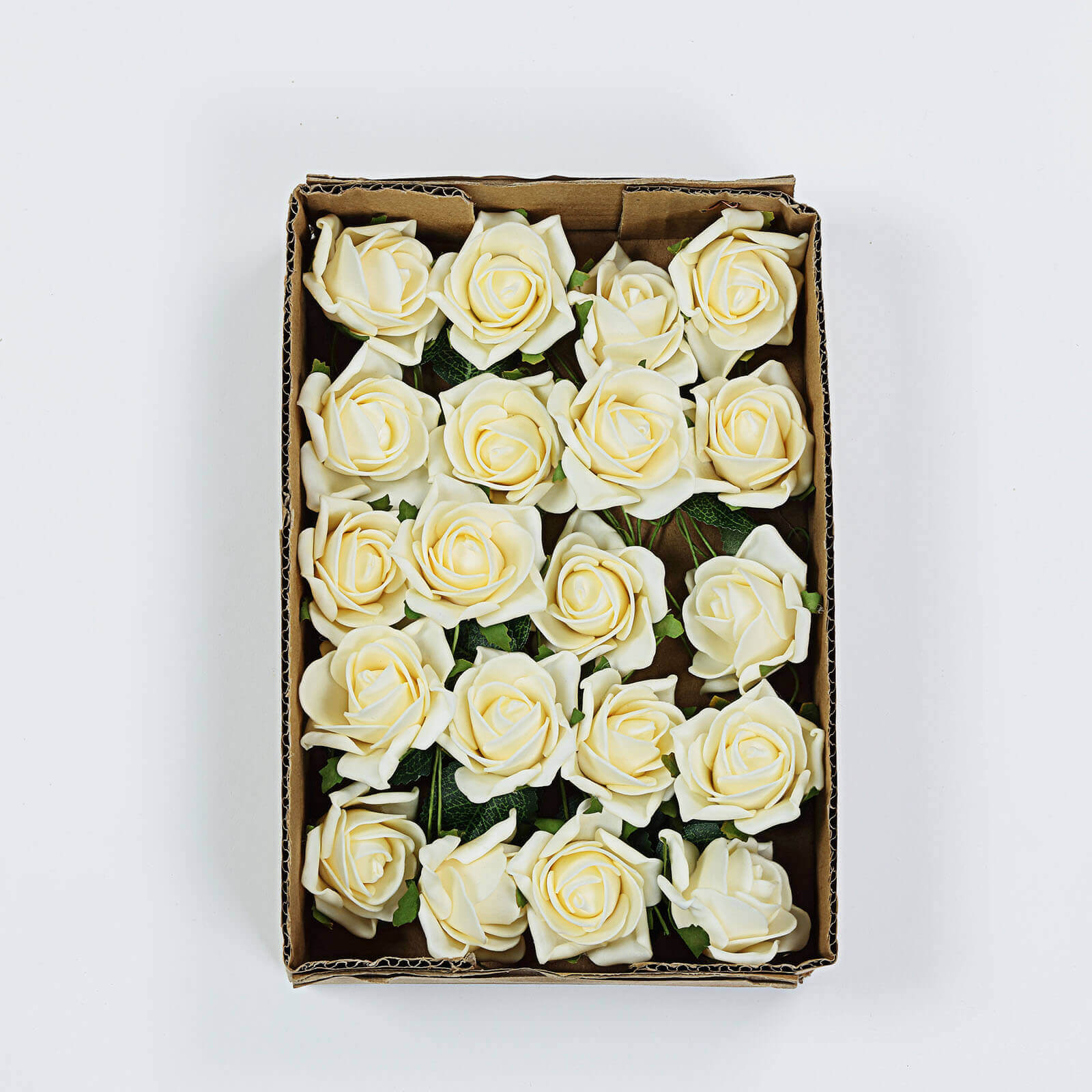 24 Roses 2" Cream Artificial Foam Flowers With Stem Wire and Leaves