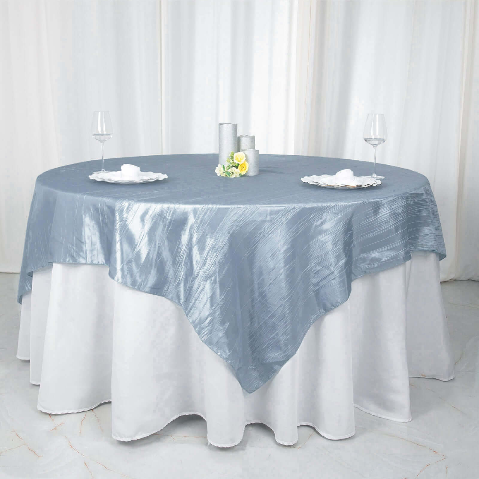 Taffeta 90"x90" Table Overlay Square Tablecloth Dusty Blue - Accordion Crinkle Table Cover