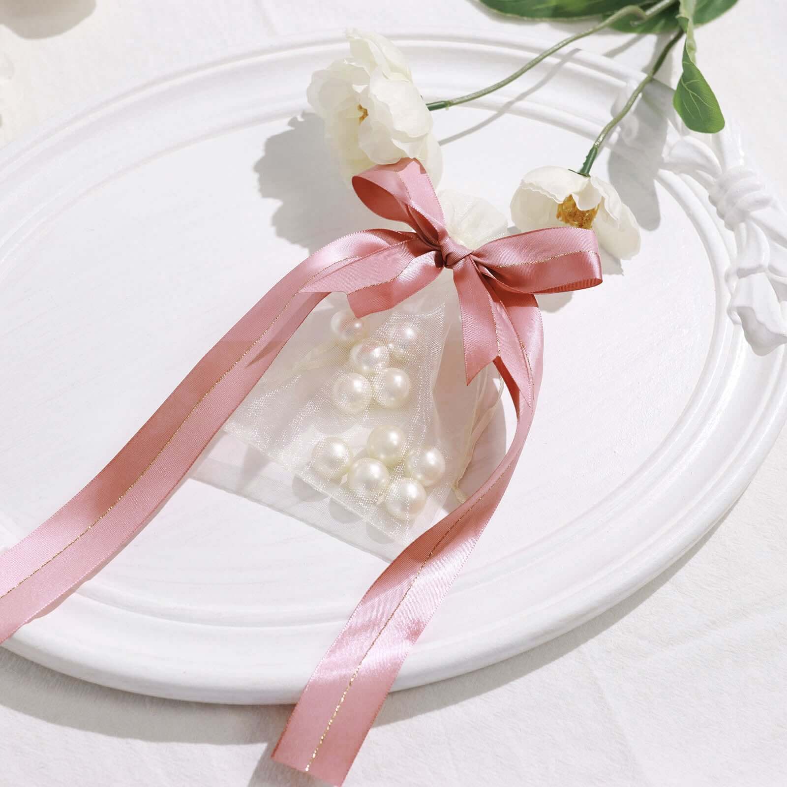 50 Pcs 10" Dusty Rose Pre Tied Ribbon Bows, Satin Ribbon With Gold Foil Lining For Gift Basket and Party Favors Decor