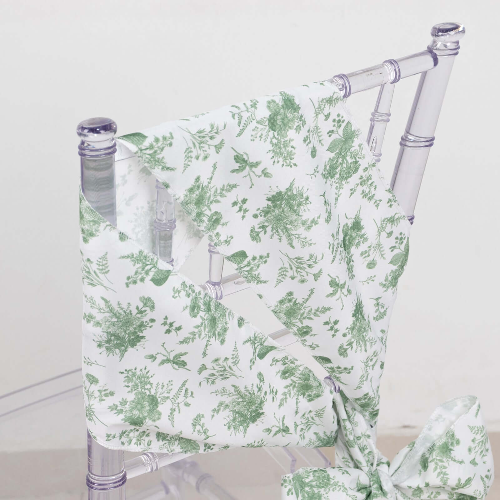 5 Pack Polyester Chair Sashes Dusty Sage Green French Toile Floral Design - Stylish Durable and Reusable Chair Bows 6"x108"