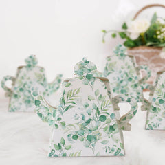 25 Pack Eucalyptus Greenery Mini Teapot Party Favor Boxes, Tea Time Gift Boxes - 5"x4"