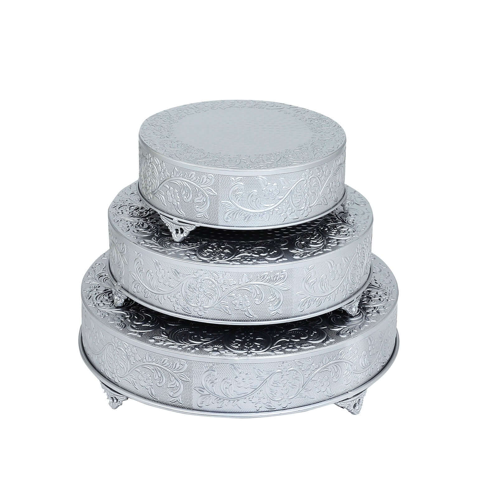 Metal 14" Round Cake Pedestal Stand Matte Silver - Cupcake Dessert Display Riser with Intricate Embossed Design for Upscale Events & Gatherings