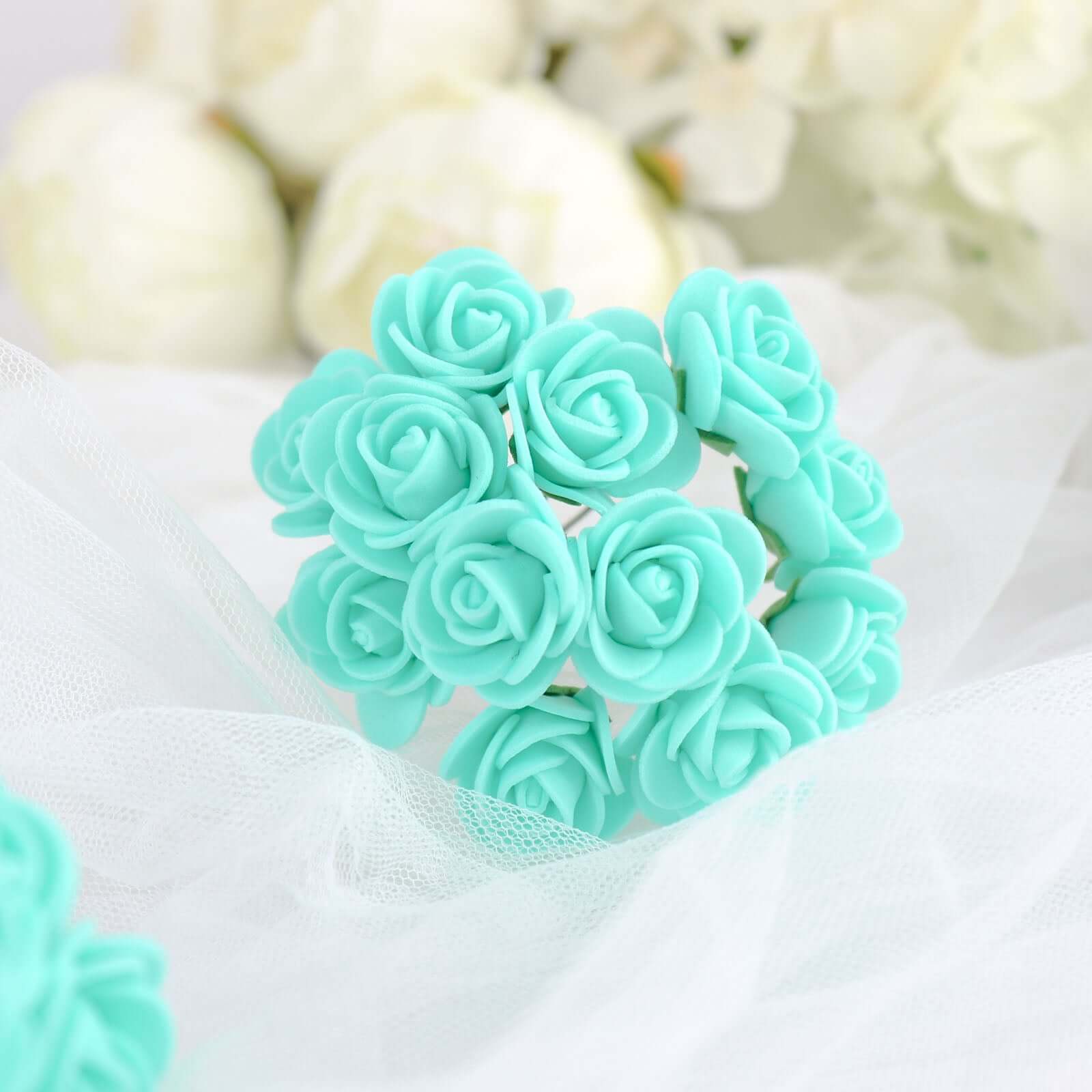 48 Roses 1" Turquoise Real Touch Artificial DIY Foam Rose Flowers With Stem, Craft Rose Buds