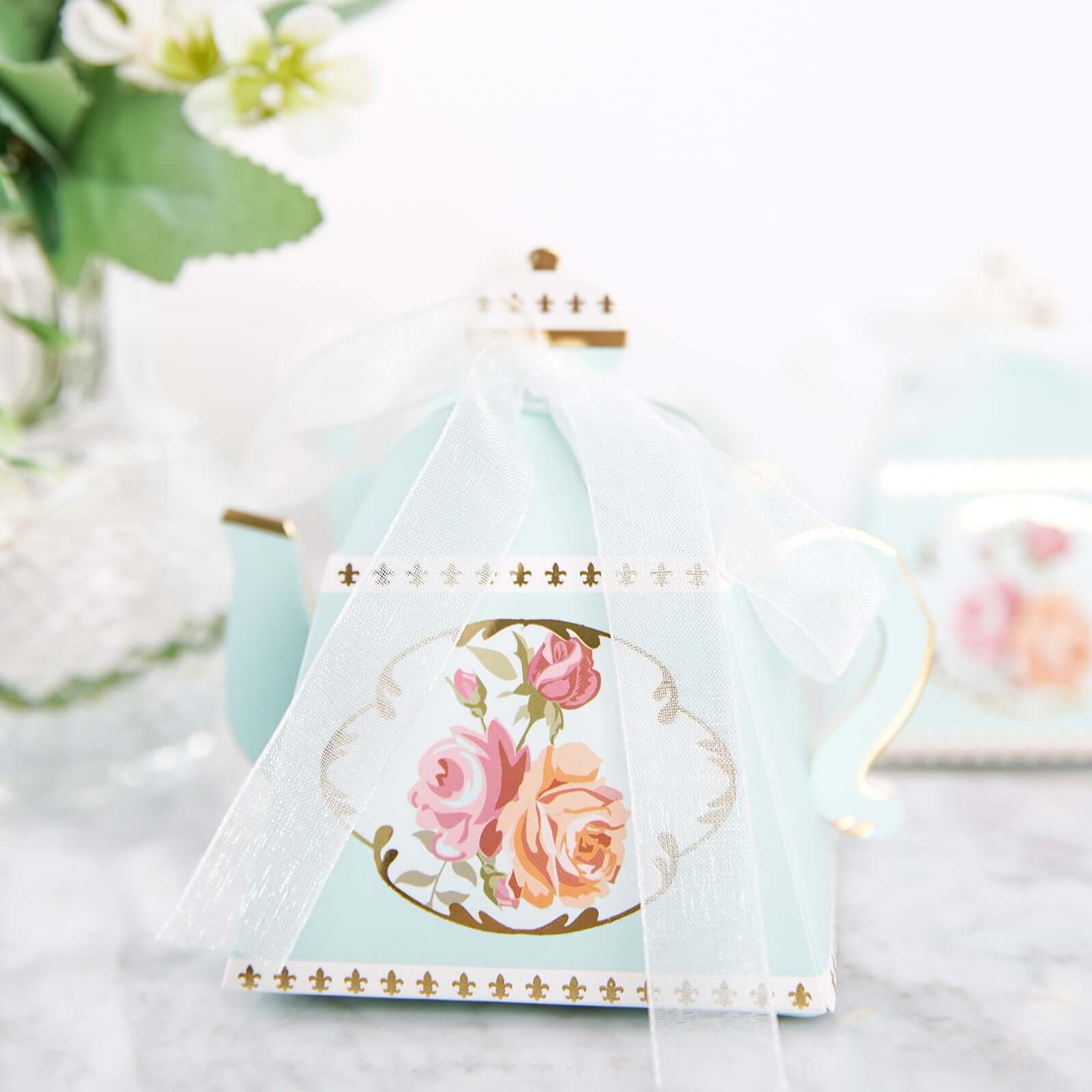 25 Pack 4" Light Turquoise Mini Teapot Favor Boxes, Vintage Rose Gift Boxes with Ribbons