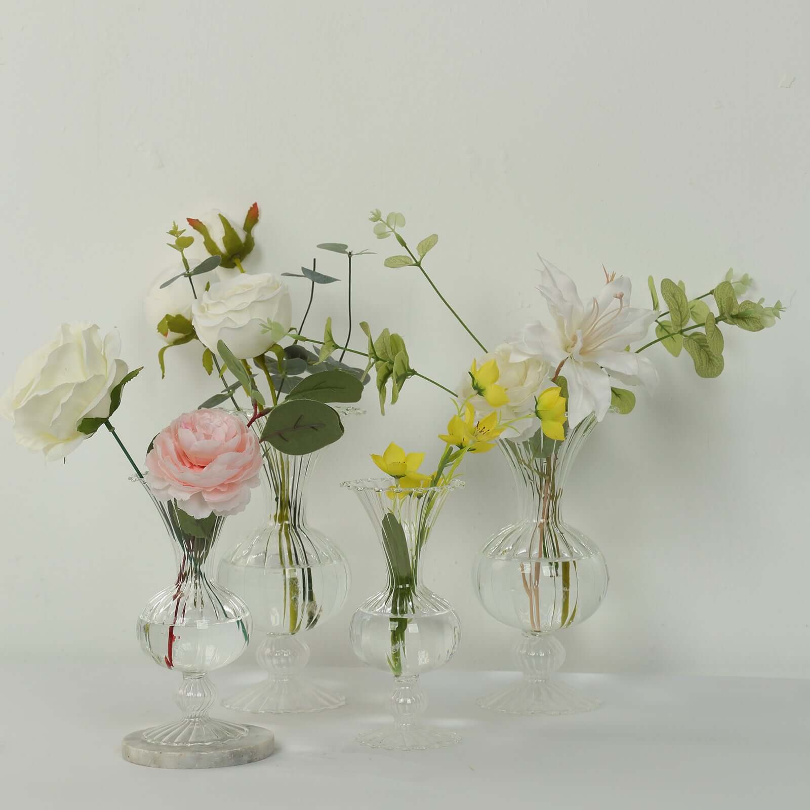 Set of 4 Glass Flower Vases Nordic Style with Petals Texture Clear - Transparent Bud Planters for Wedding Table Decor 7", 9"