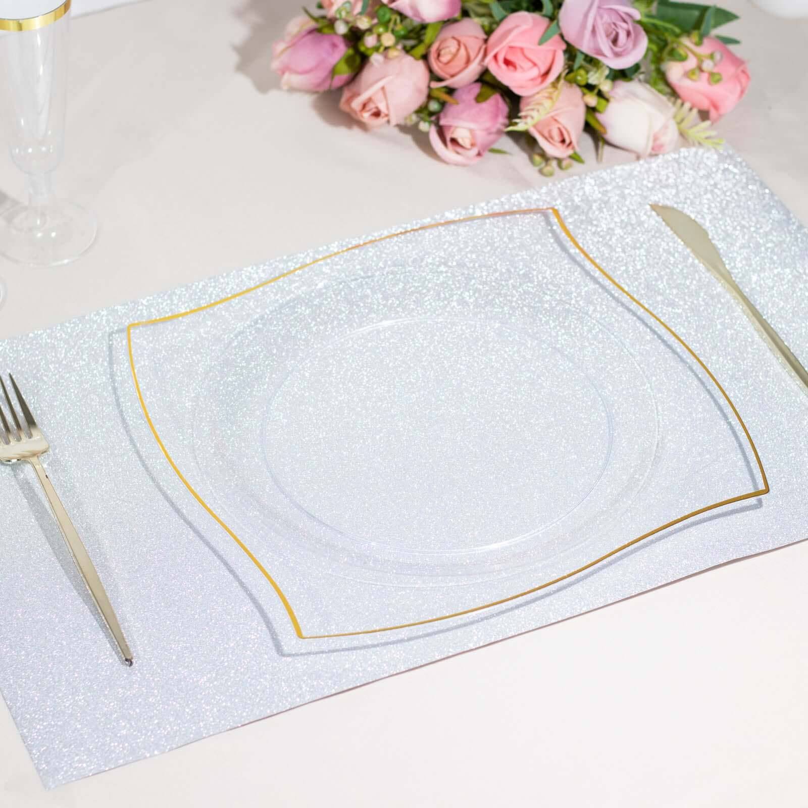10-Pack Plastic 8" Square Dessert Plates in Clear with Gold Wavy Rim Modern - Disposable Salad Appetizer Party Plates