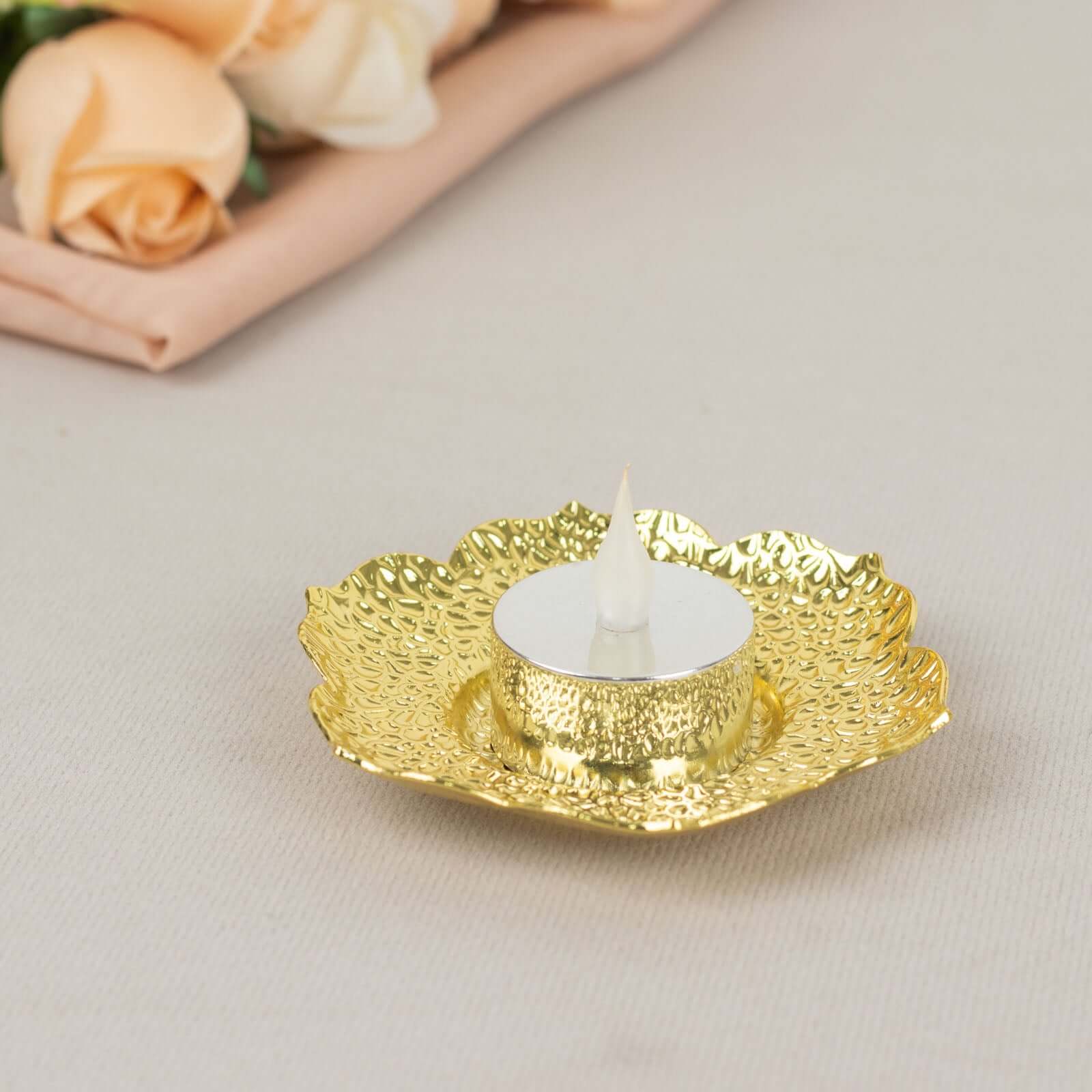 3-Pack Metal Votive Candle Holders Plum Blossom Design Shiny Gold - Vintage Mini Tea Cup Saucers 4"