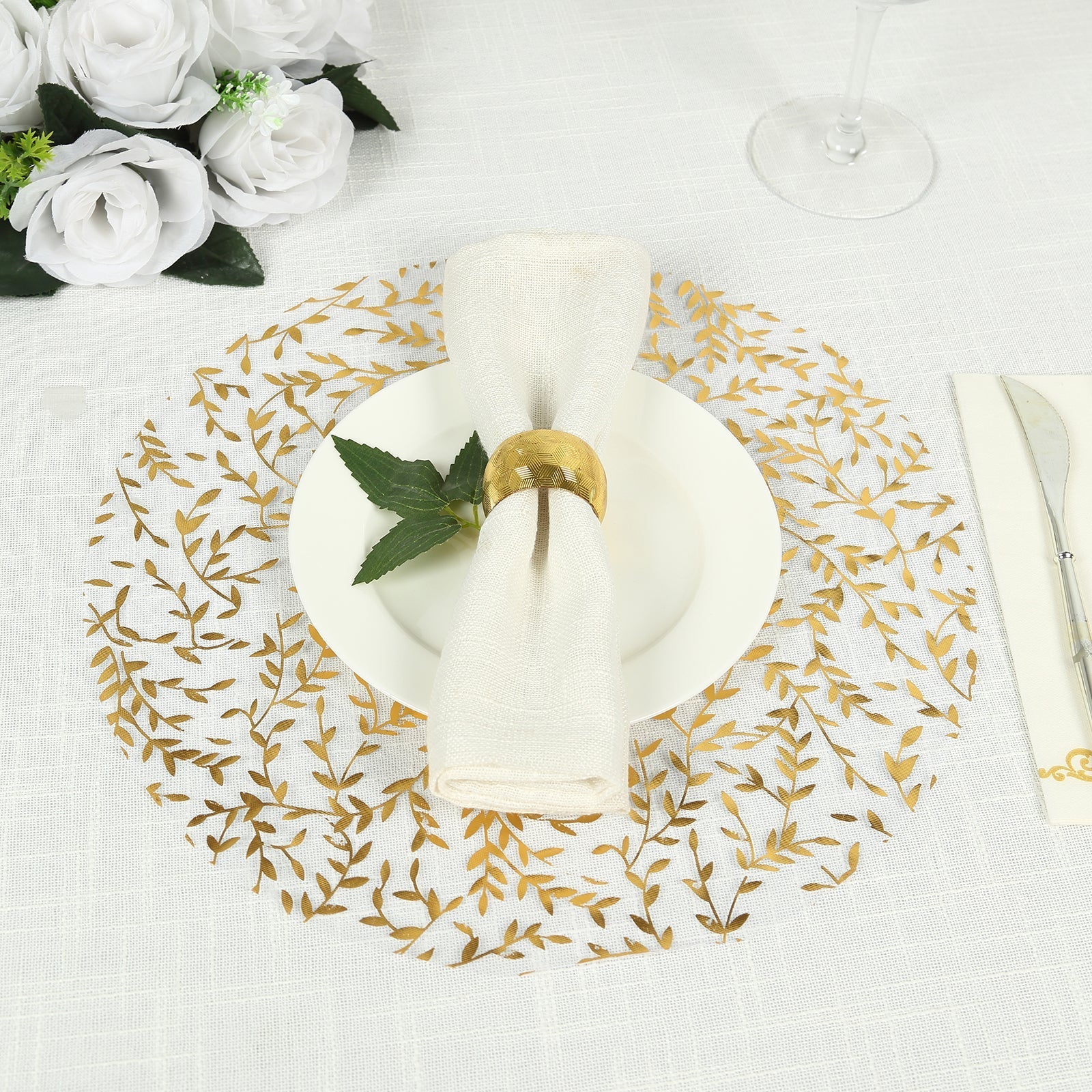 10-Pack Table Placemats Gold Foil Leaf Vine Design White Round - Organza Disposable Floral Mats 13"