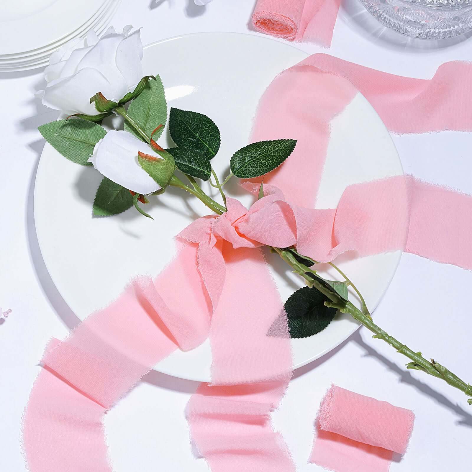 2 Pack 6yd Pink Silk-Like Chiffon Linen Ribbon Roll For Bouquets, Wedding Invitations Gift Wrapping