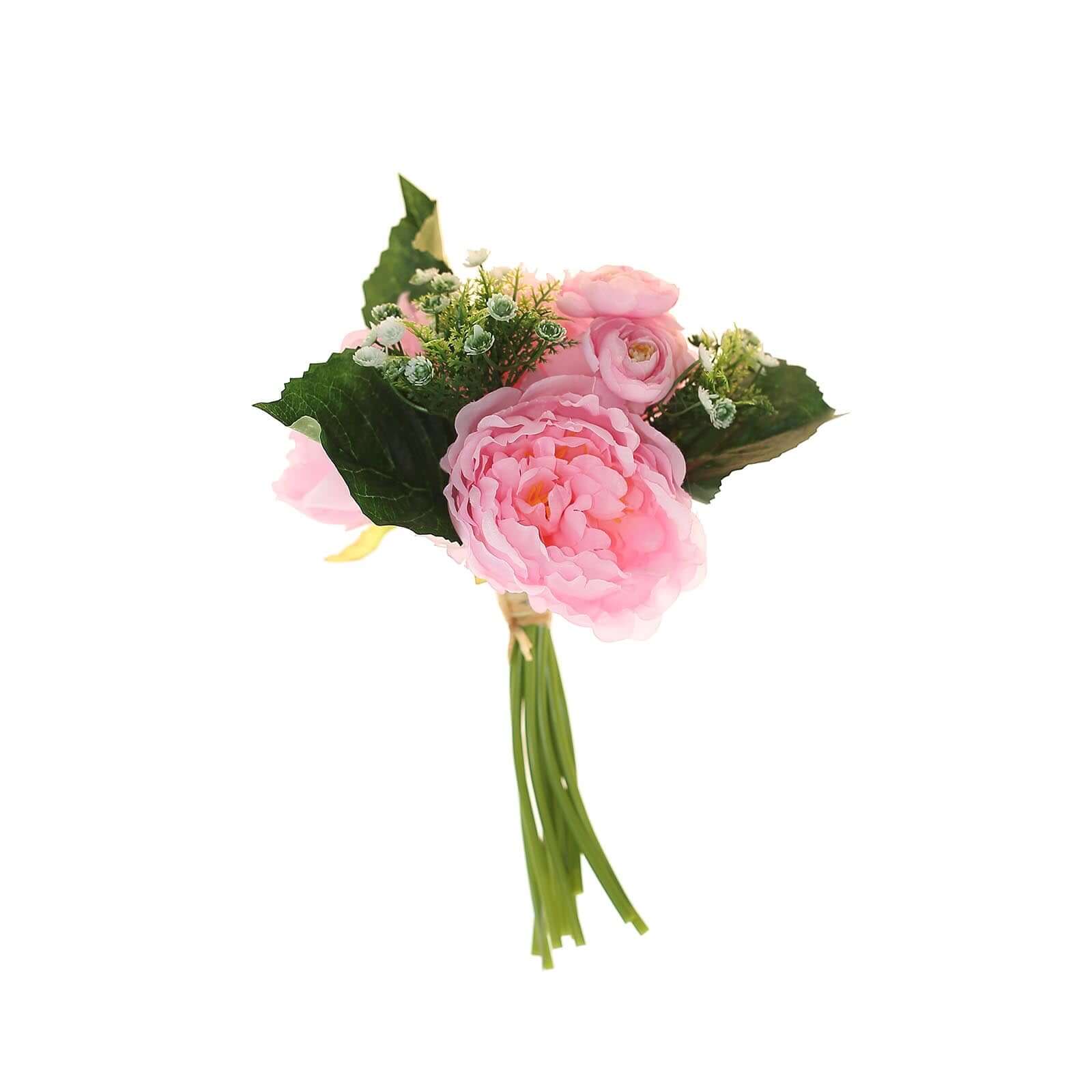 12" Pink Artificial Silk Peonies Bouquet, Faux Peony Spray Bush