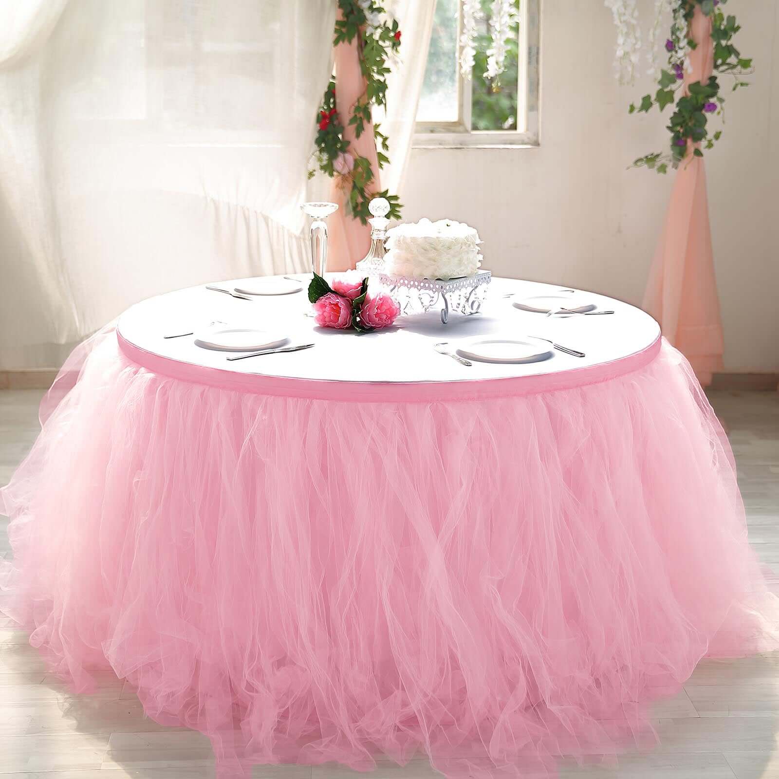 Tulle 17ft Table Skirt Pink/Rose Quartz - 4 Layer Pleated Tutu Table Cover