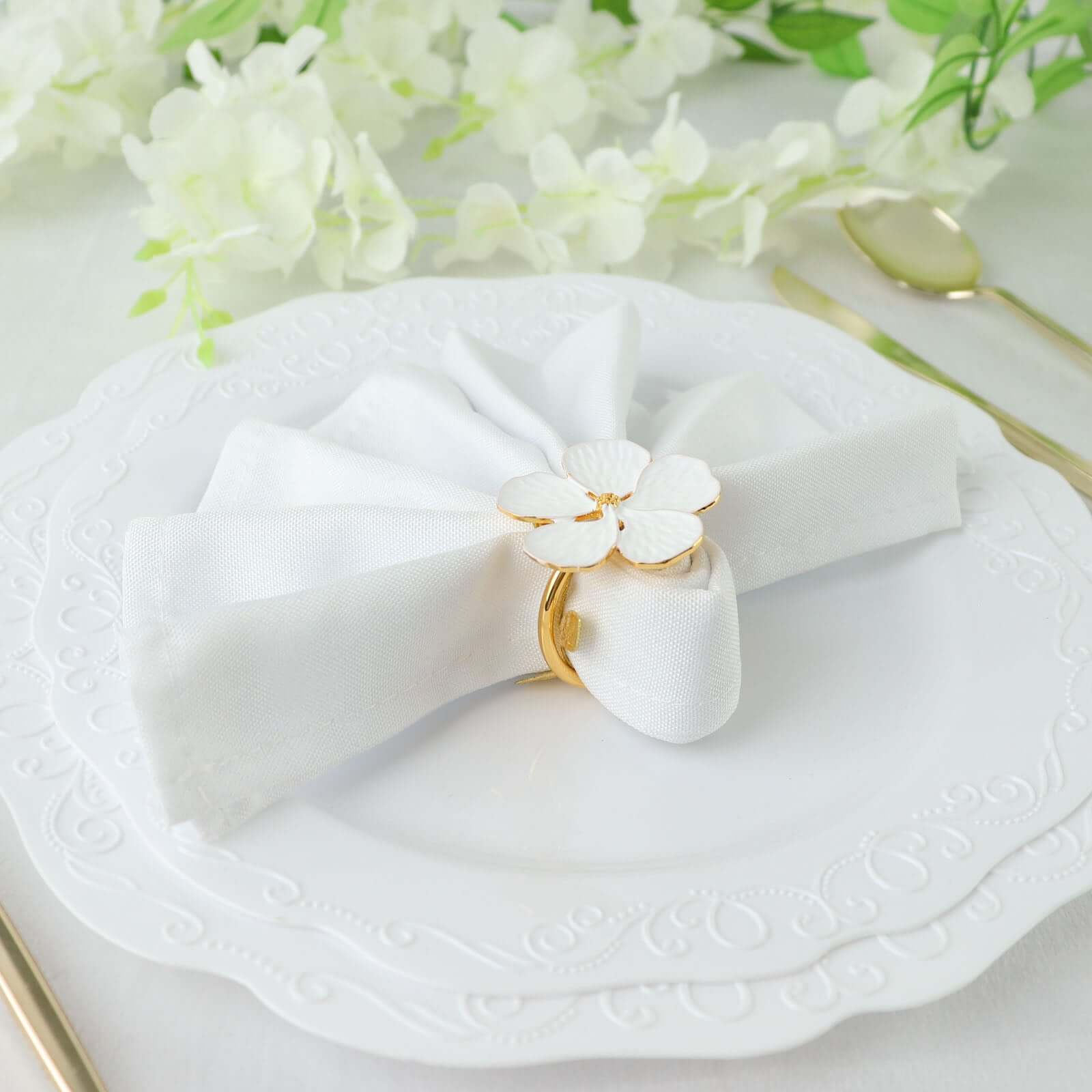4 Pack White and Gold Metal Flower Napkin Rings, Floral Serviette Buckle Napkin Holder Set - Plum Blossom Design