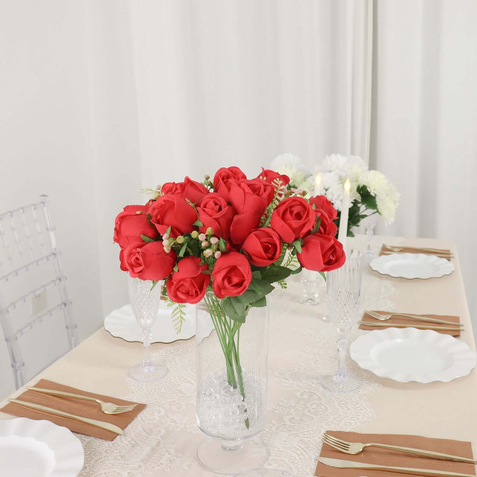 3 Pack 13" Red Real Touch Silk Rose Bud Flower Bridal Bouquets, Artificial Floral Bush Arrangements