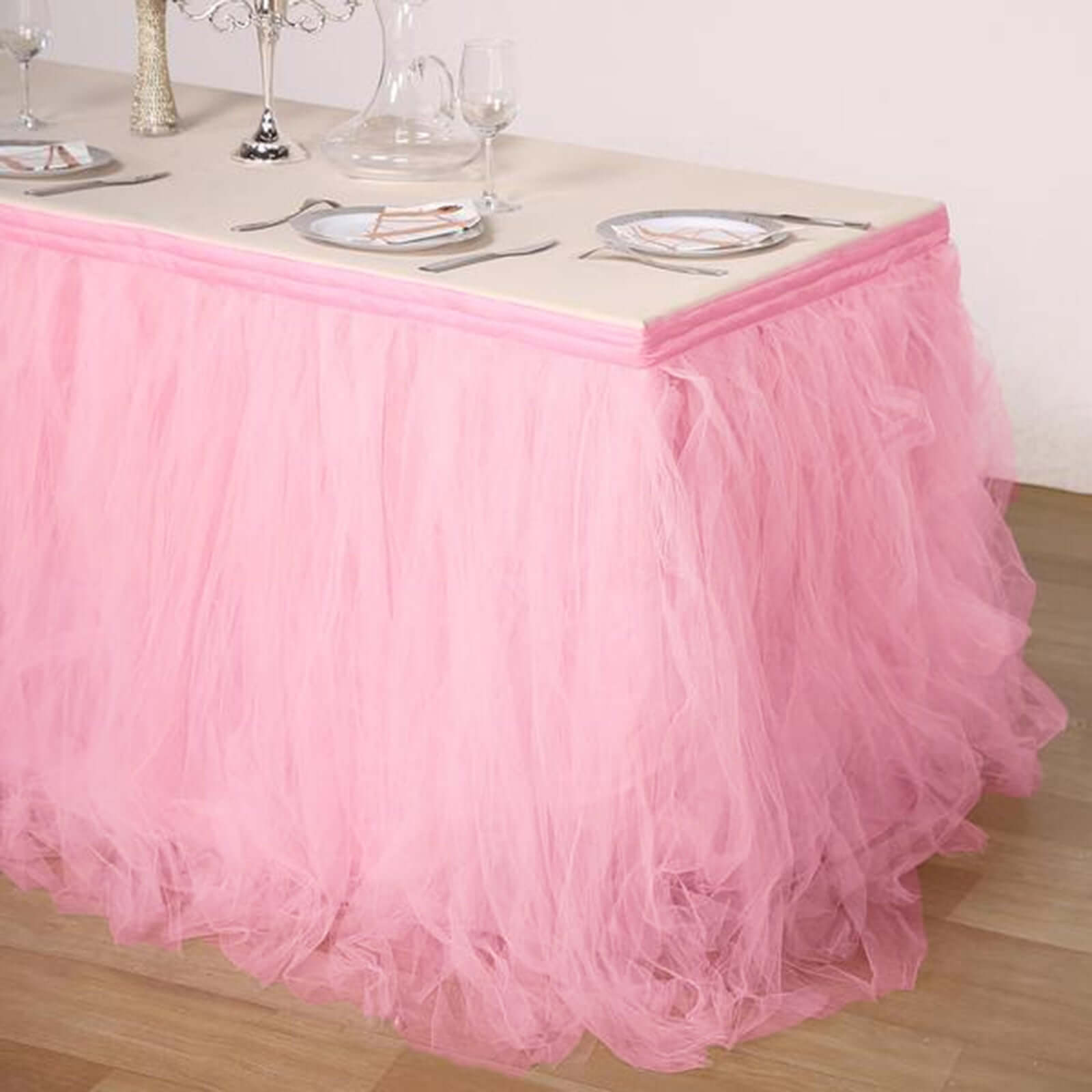 Tulle 21ft Table Skirt Pink/Rose Quartz - 4 Layer Pleated Tutu Table Cover