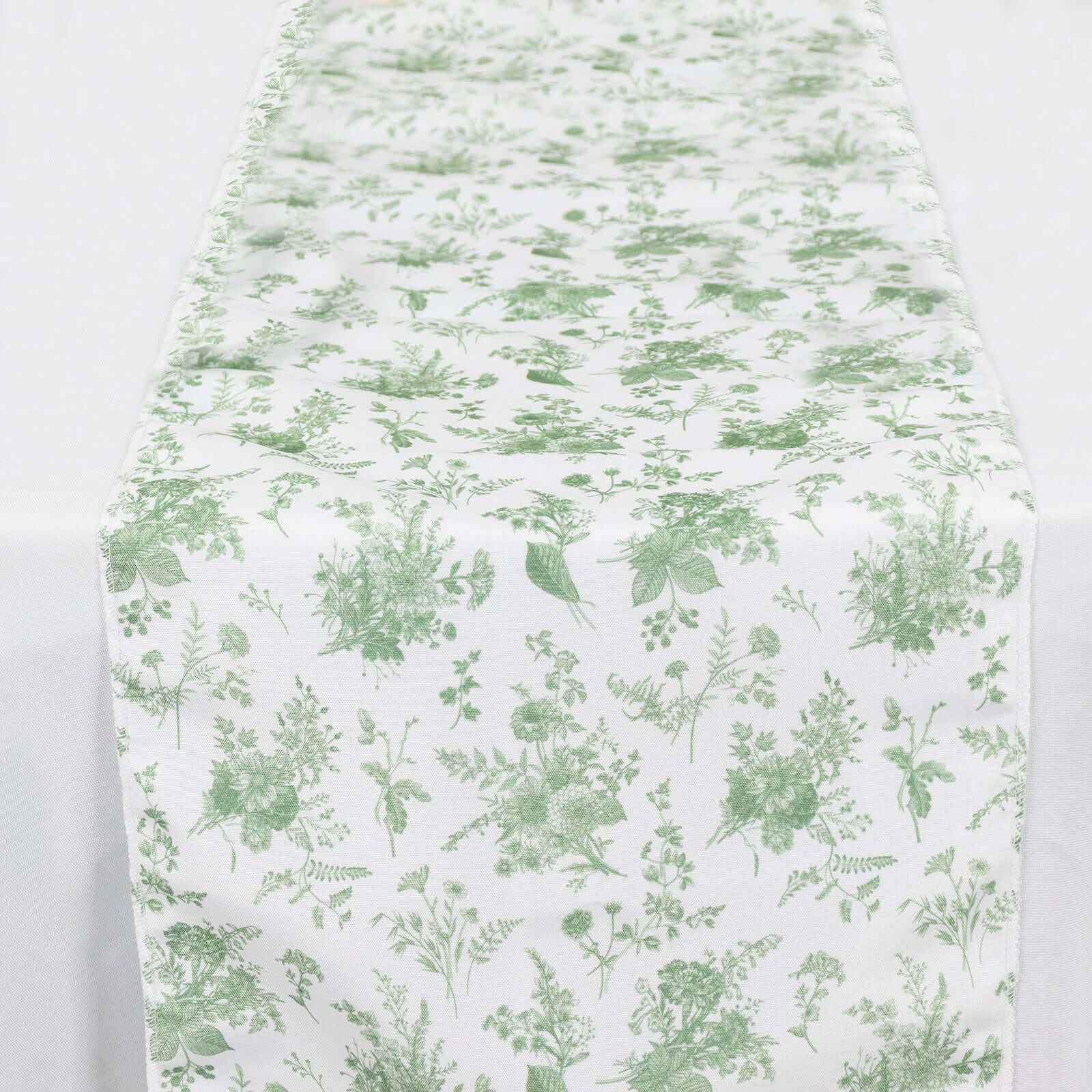 Polyester 12"x108" Table Runner Dusty Sage Green French Toile Floral Print - Upscale Dining Table Decor