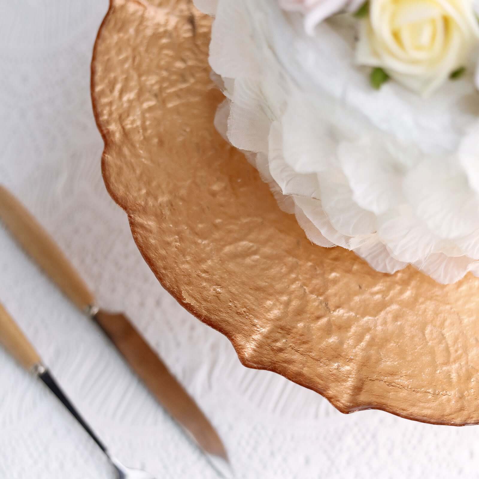 Glass Pedestal Cake Stand Scalloped Edge Design Rose Gold - Cupcake Holder and Dessert Display Plate 14"
