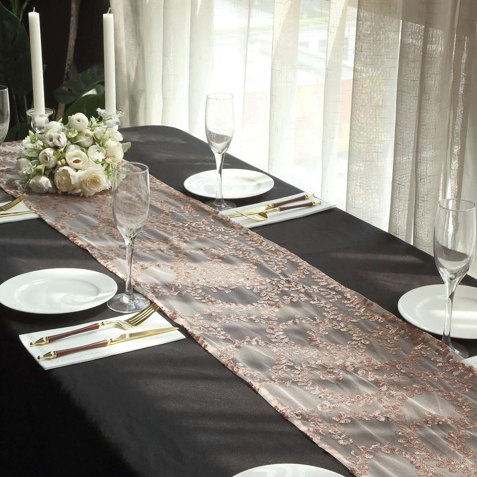 Mesh 12"x108" Table Runner Rose Gold - Leaf Vine Embroidery
