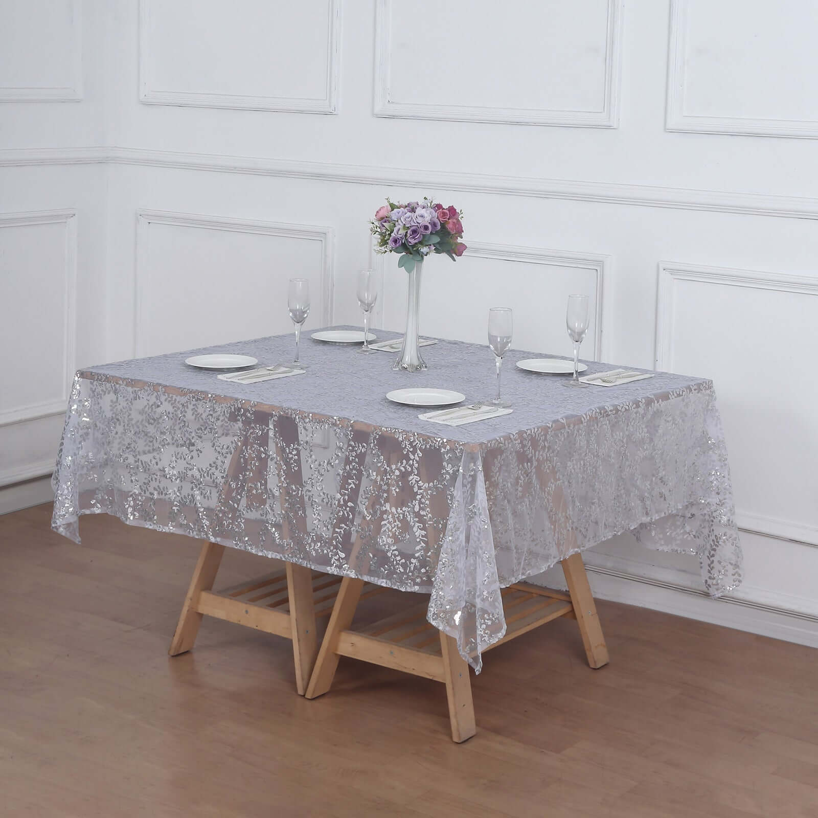 Tulle 72"x72" Table Overlay Square Tablecloth Silver - Sequin Leaf Embroidered Table Topper
