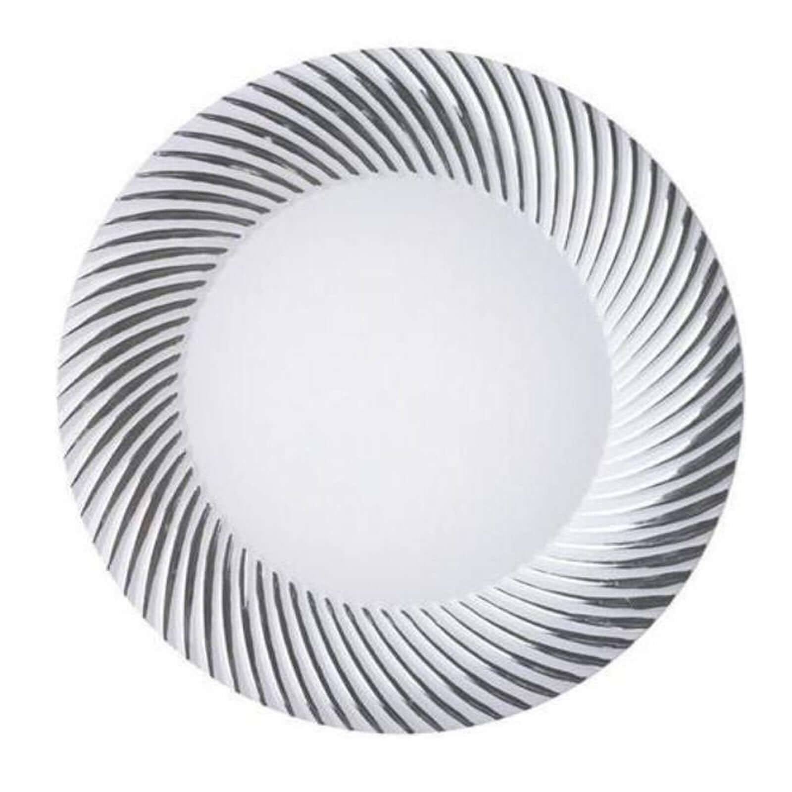 10-Pack Plastic Dessert Plates White/Silver Swirl Rim - Disposable Plates for Appetizers 6"