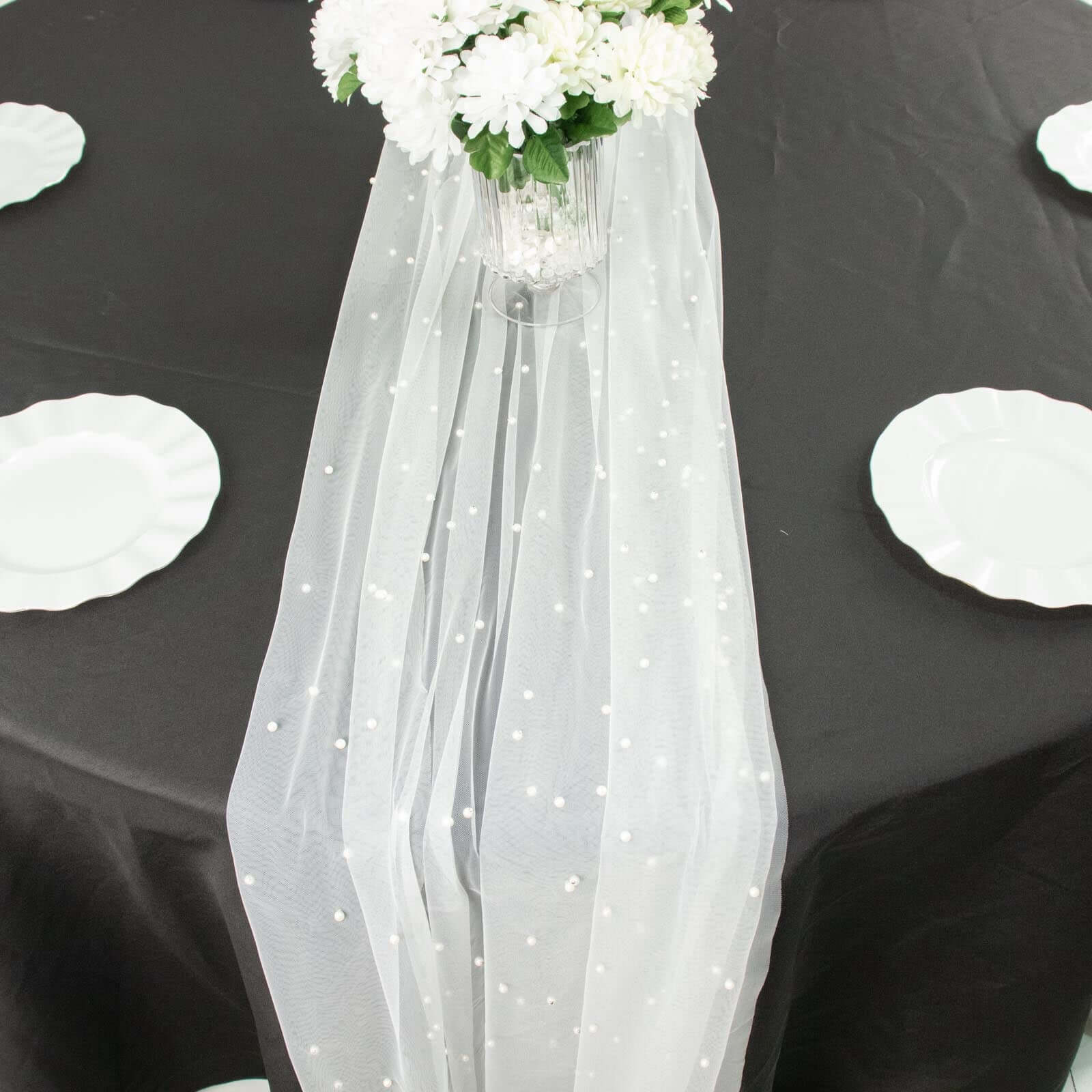 Sheer Tulle 48"x120" Table Runner White Pearl Embellished - Stylish Wedding & Event Table Linen