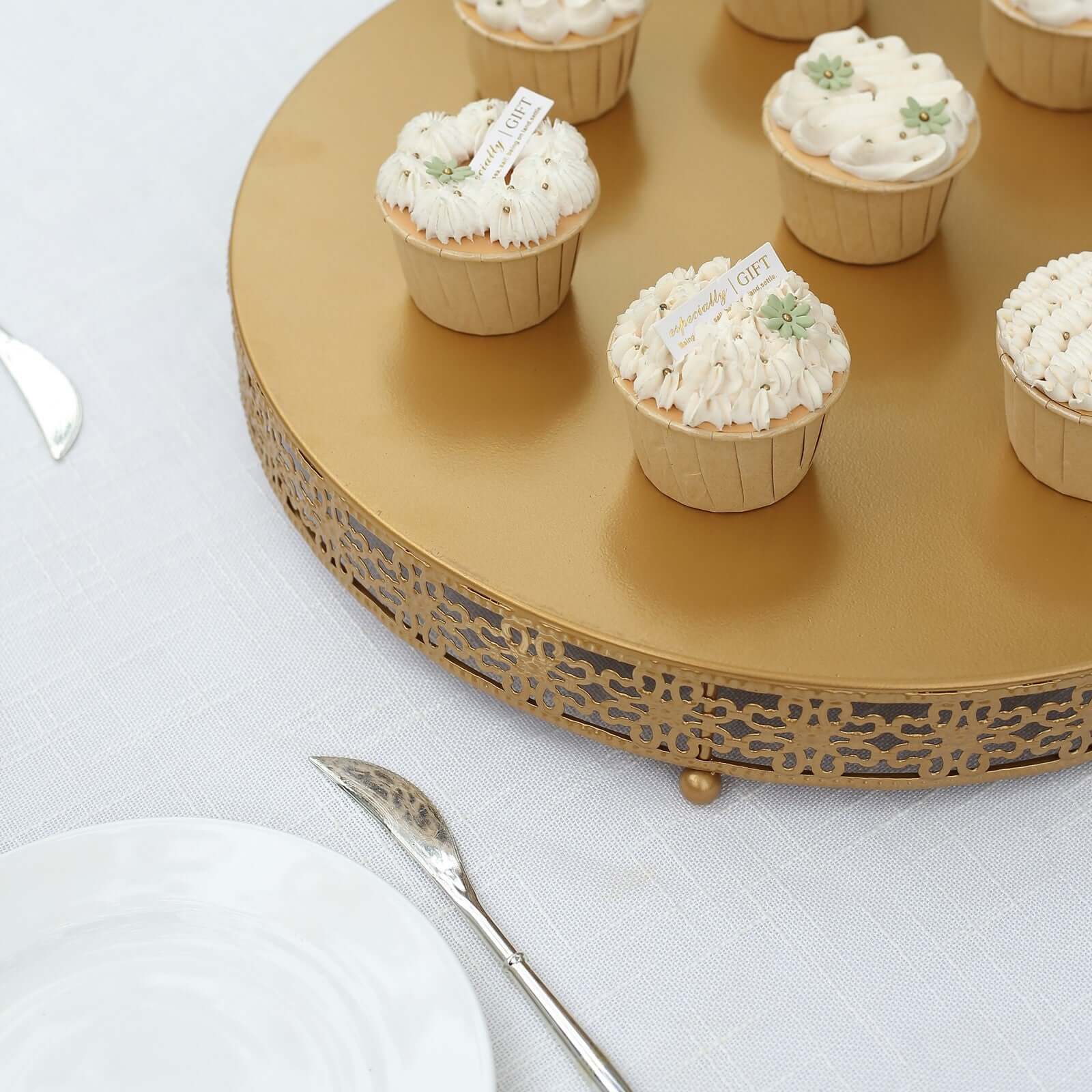 Metal 16" Round Pedestal Cake Stand Gold - Cupcake Dessert Display Centerpiece Stand with Intricate Fleur De Lis Design for Buffet Table Sweets Station