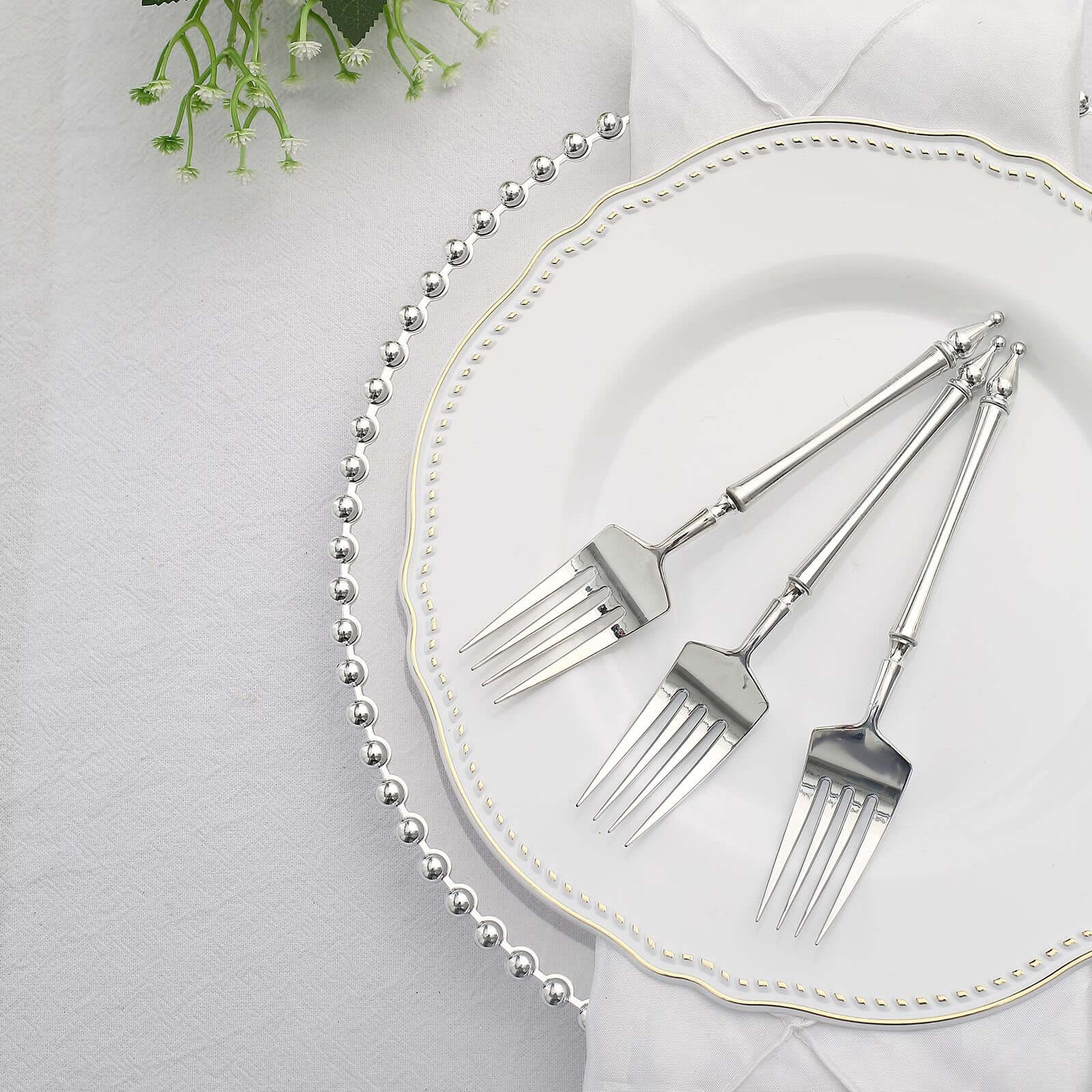 24-Pack Plastic Dessert Forks with Roman Column Handle Silver - European Style Disposable Utensils 6"