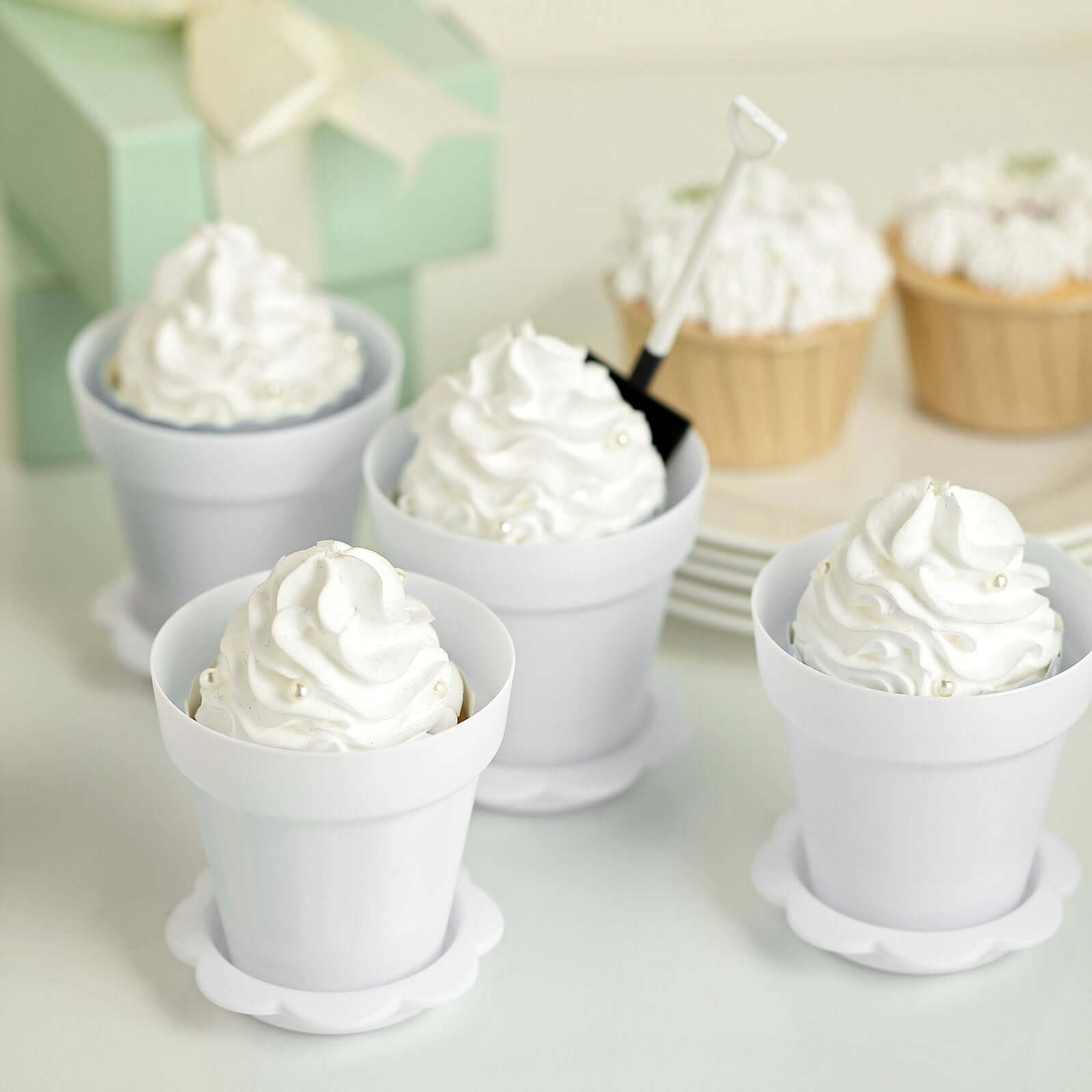 12-Pack Dessert Cups Succulent Planter Design White - Plastic Serving Cups with Lids and Shovels 4"