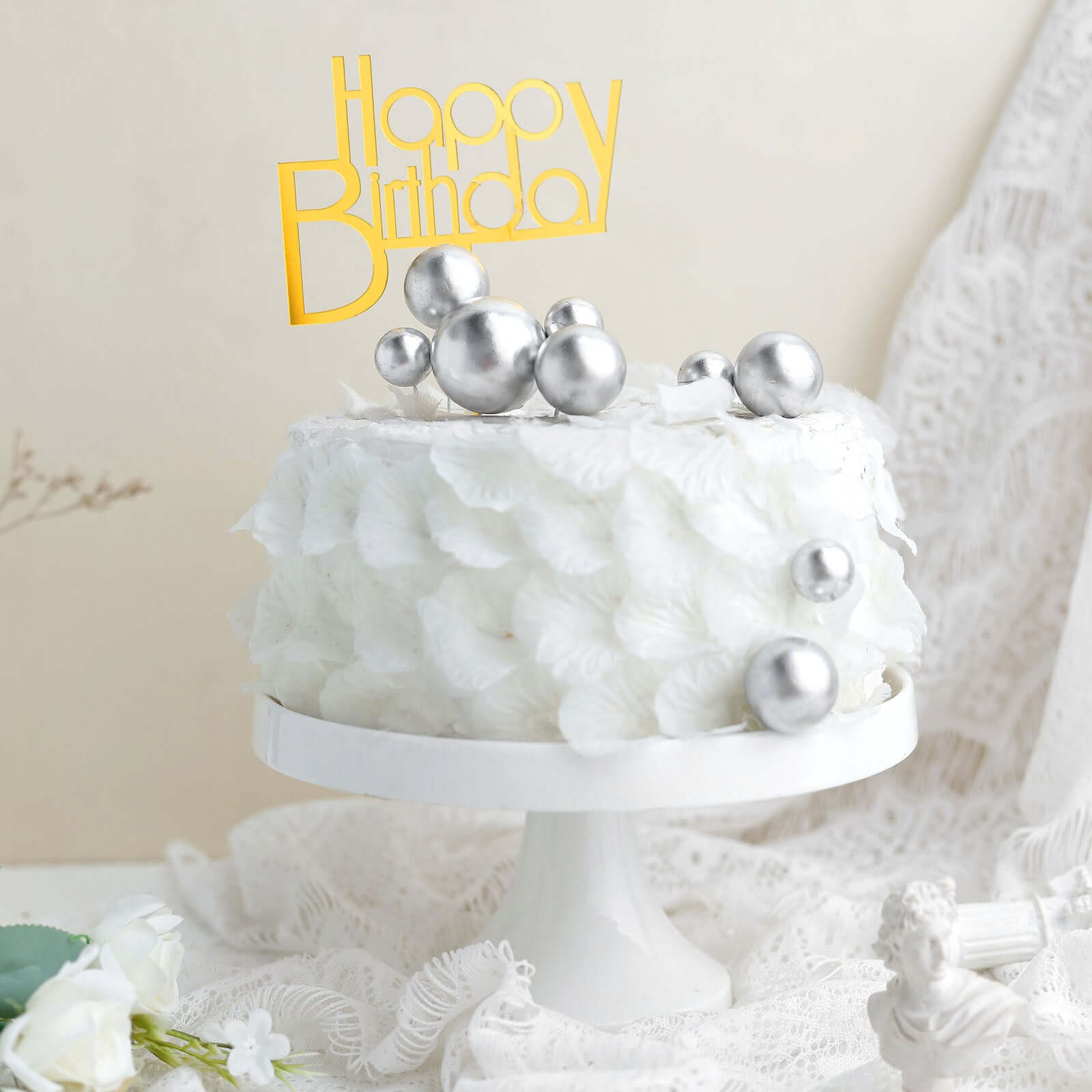 12 Pcs Cake Topper Picks Faux Pearl Ball Design Silver - Foam Balloon DIY Cupcake Decor Supplies Assorted Sizes