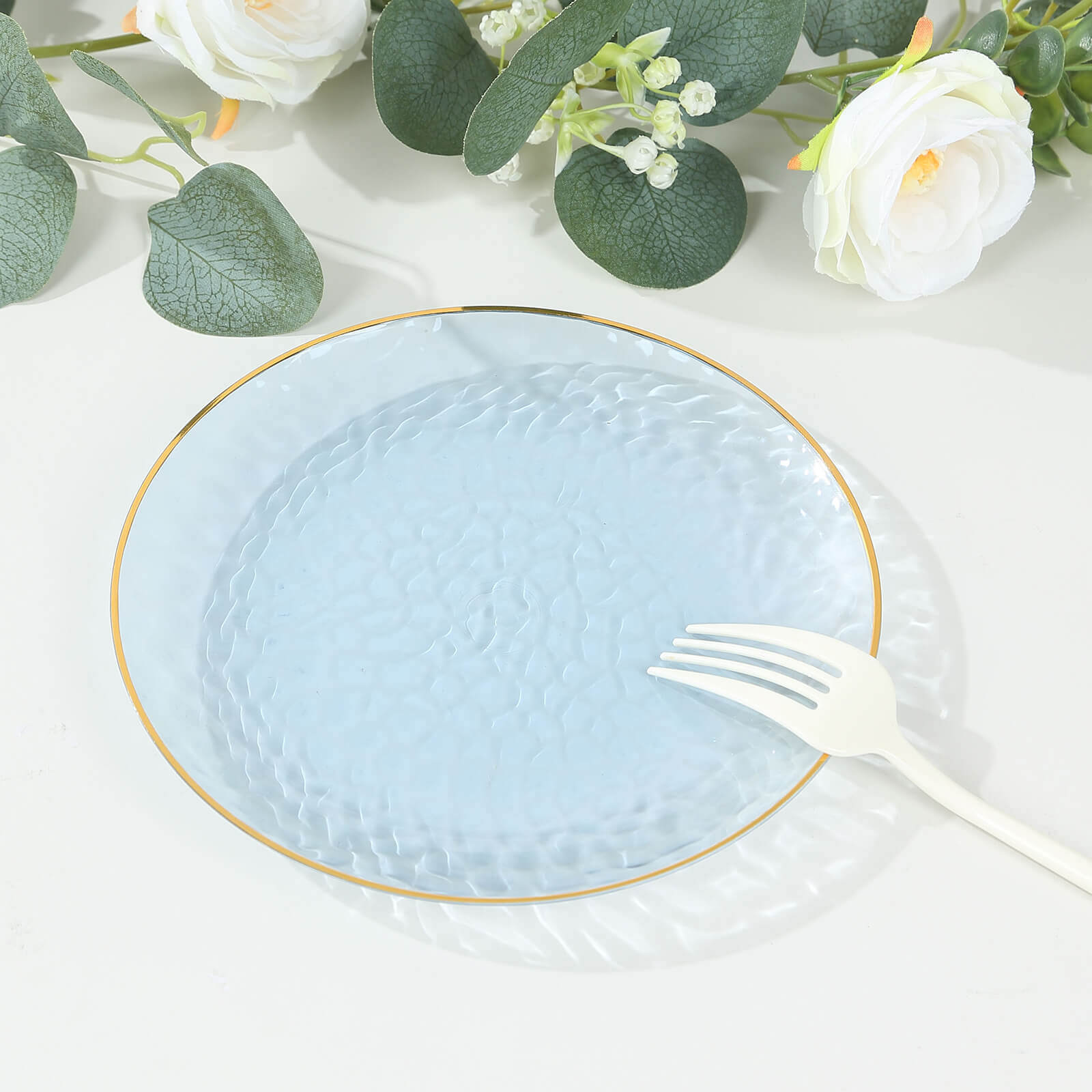 10-Pack Plastic 7" Round Dessert Appetizer Plates in Transparent Dusty Blue Hammered Design with Gold Rim - Modern Disposable Salad Plates