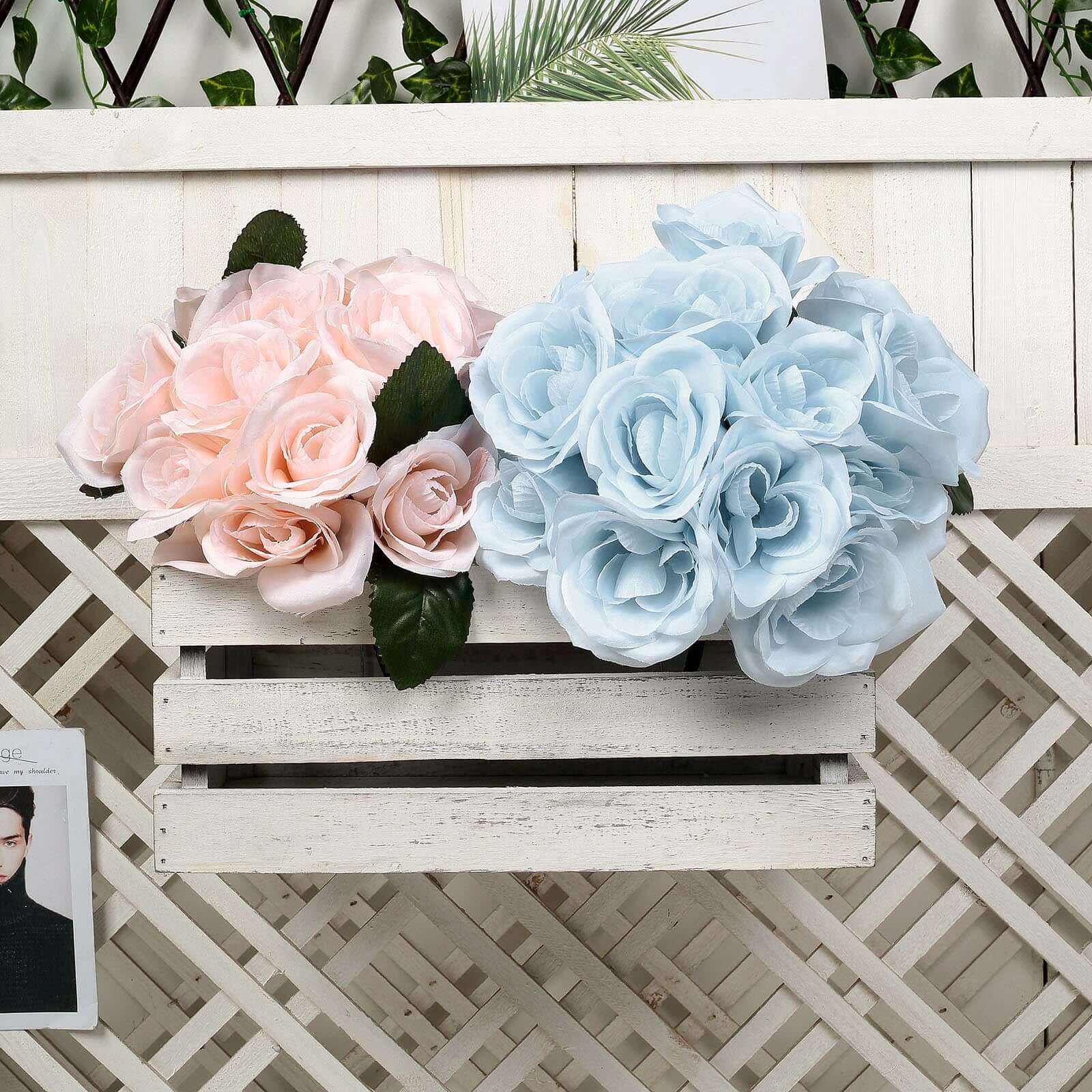 12" Ice Blue Artificial Velvet-Like Fabric Rose Flower Bouquet Bush
