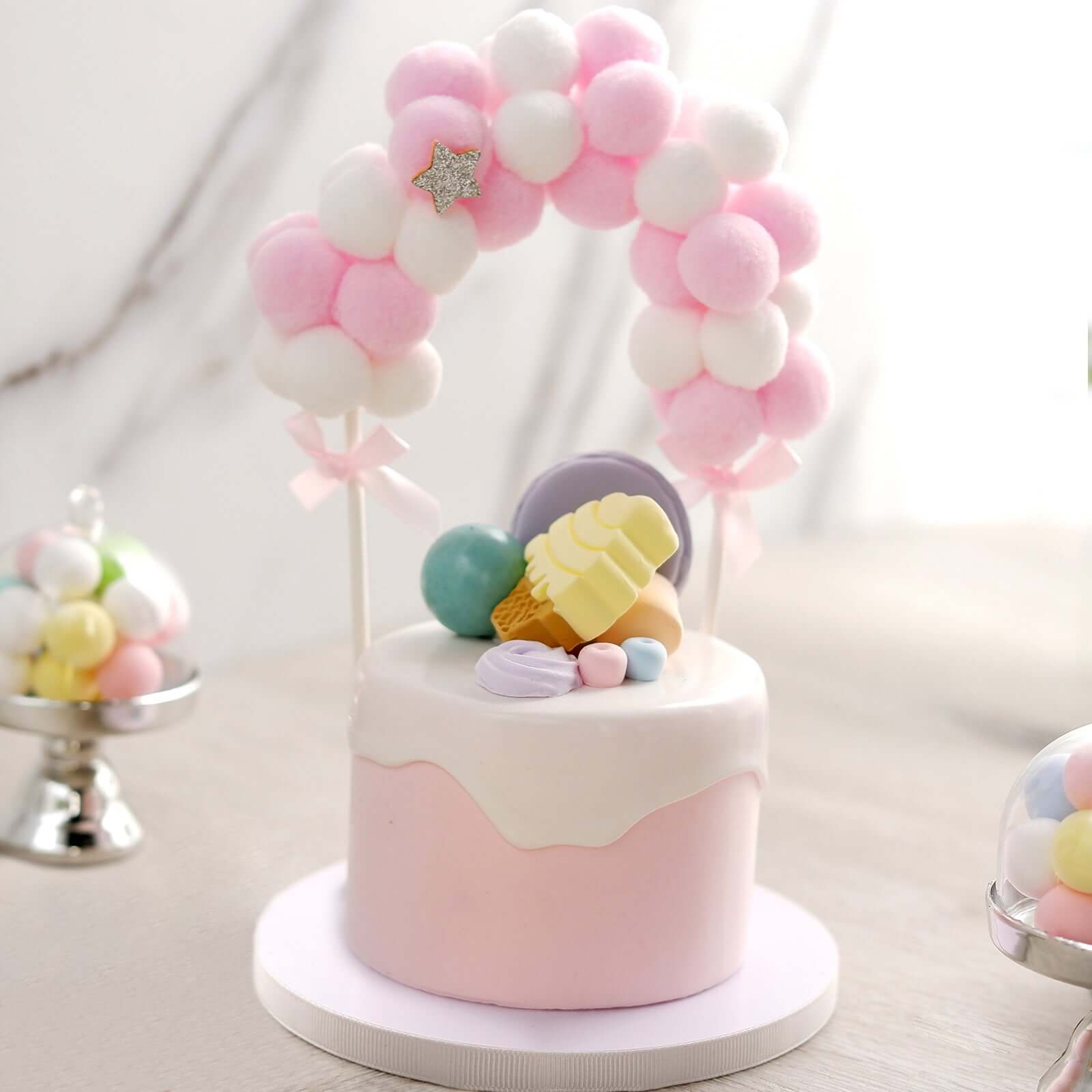 Cotton Ball Arch Cake Topper Pink/White - Charming Mini Cake Decoration Supplies for Nautical Sky & Baby-Themed Events 6"x11"